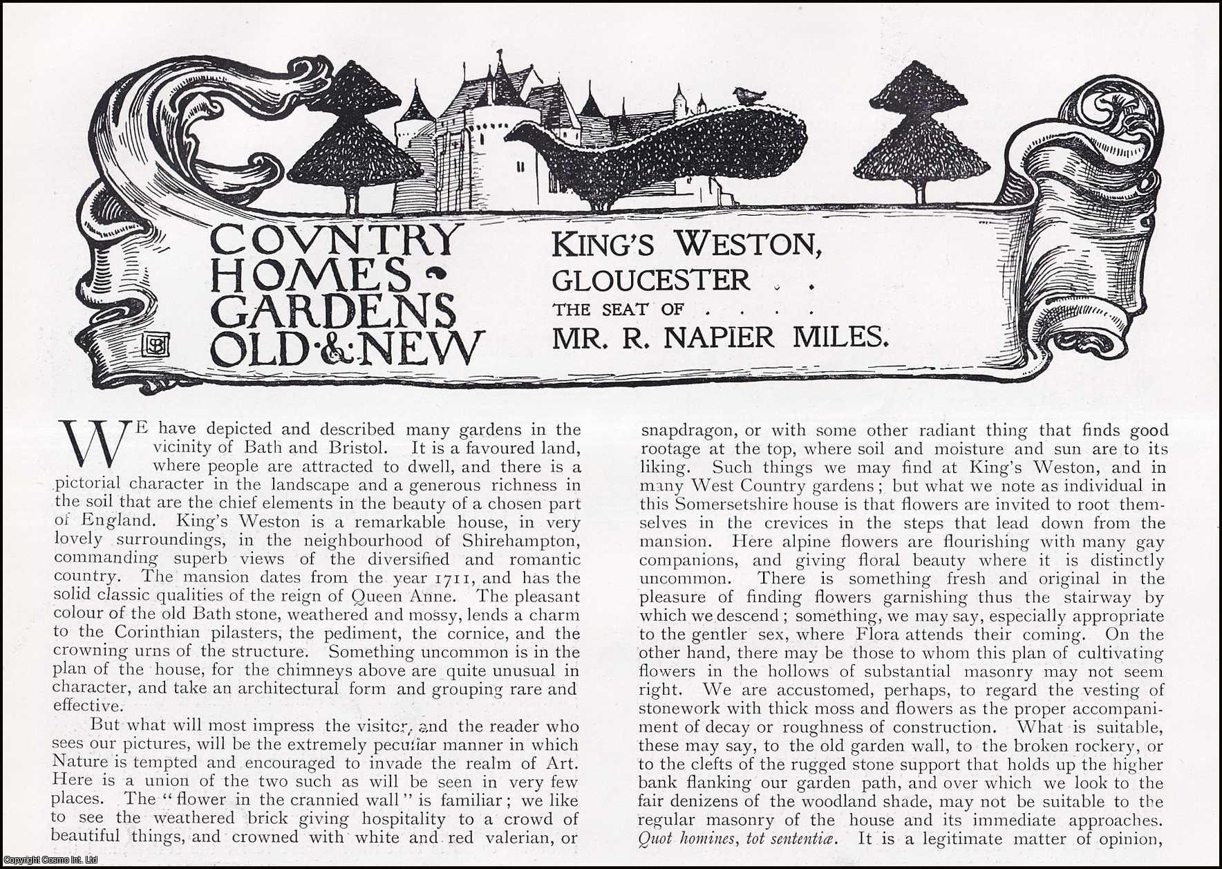 Country Life Magazine - King's Weston, Gloucester. The Seat of Mr. R. Napier Miles. Several pictures and accompanying text, removed from an original issue of Country Life Magazine, 1899.