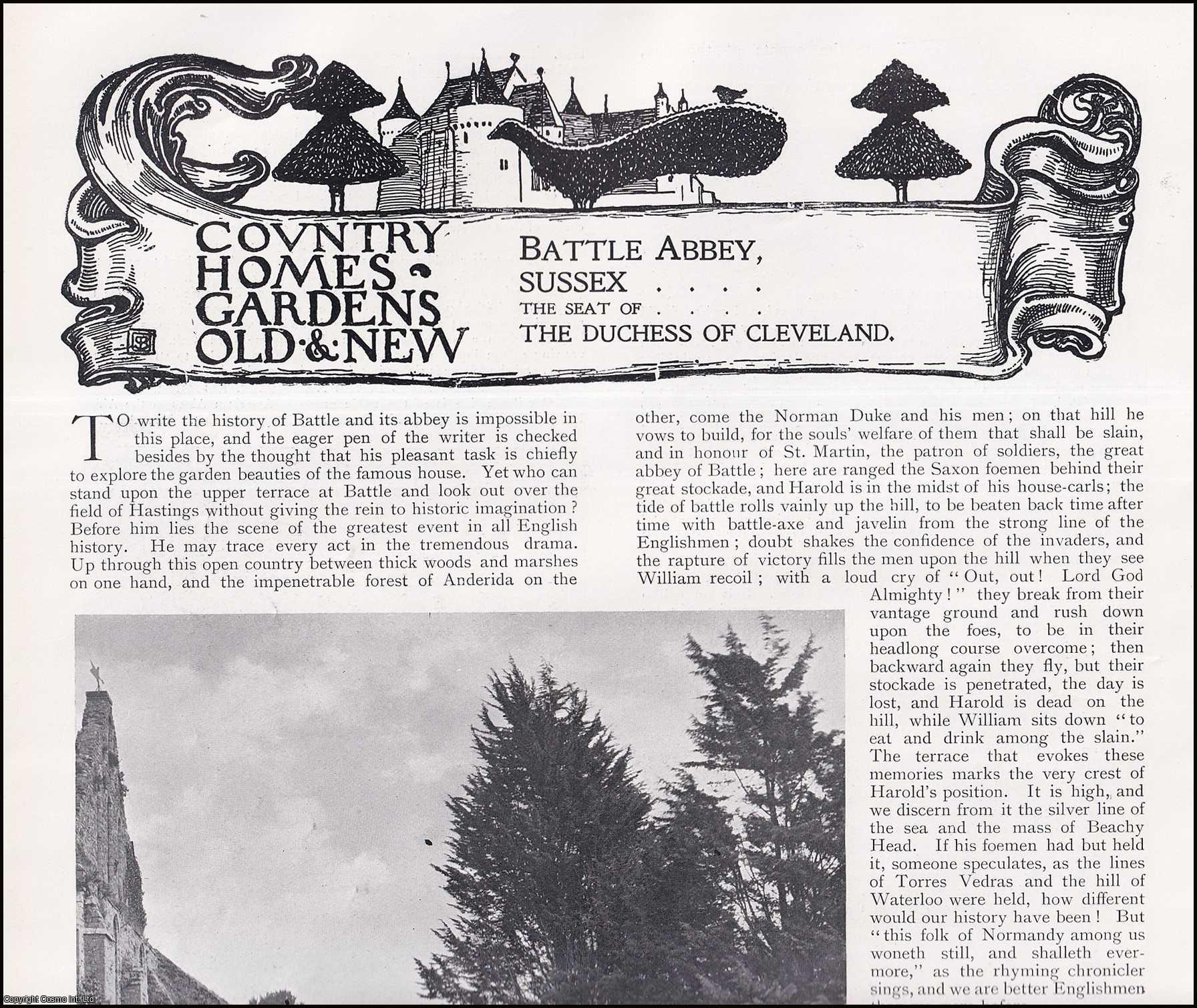 Country Life Magazine - Battle Abbey, Sussex. The Seat of The Duchess of Cleveland. Several pictures and accompanying text, removed from an original issue of Country Life Magazine, 1899.