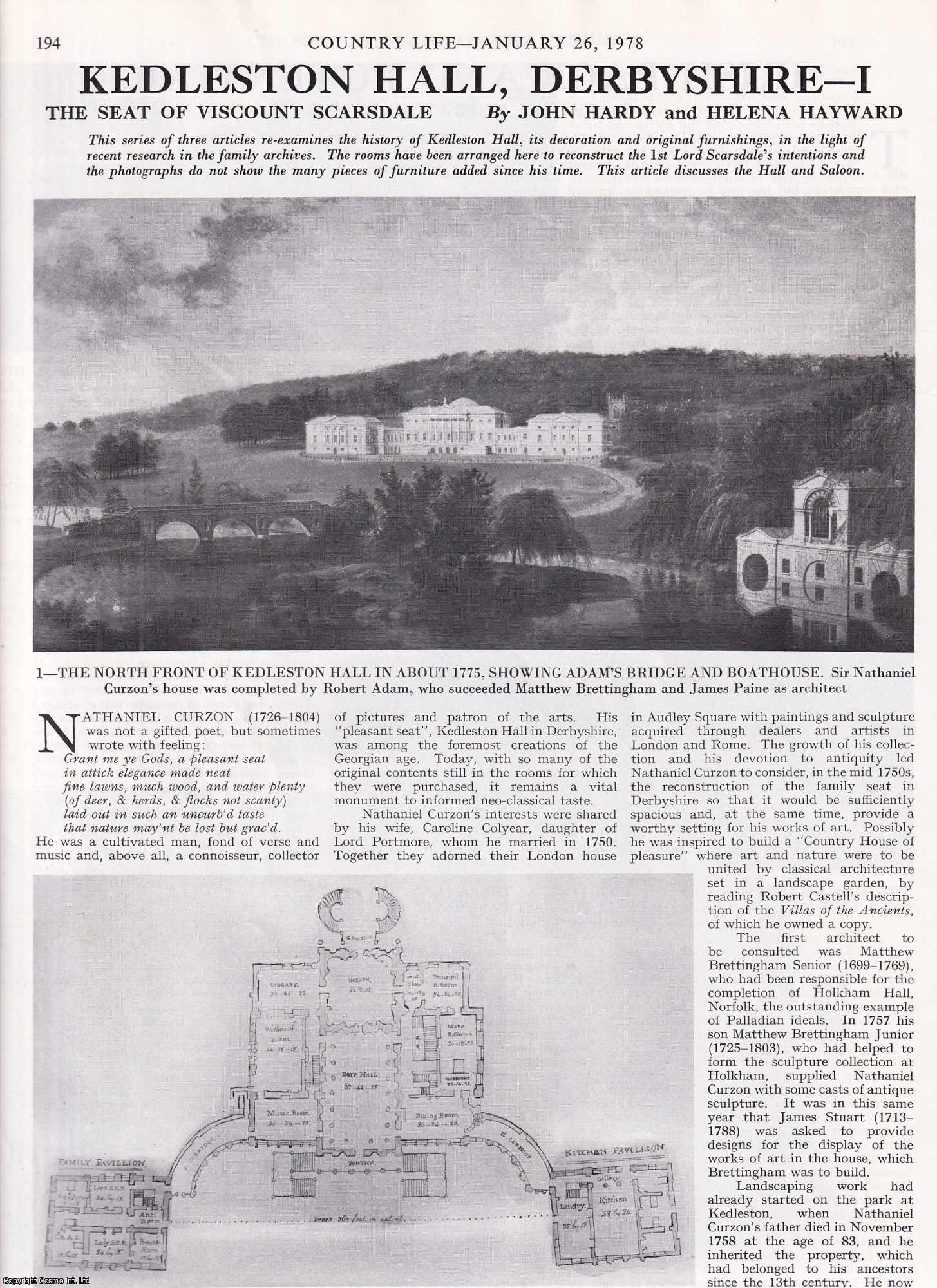 John Hardy - Kedleston Hall, Derbyshire. The Seat of Viscount Scarsdale - Parts I, II and III. Several pictures and accompanying text, removed from an original issue of Country Life Magazine, 1978.