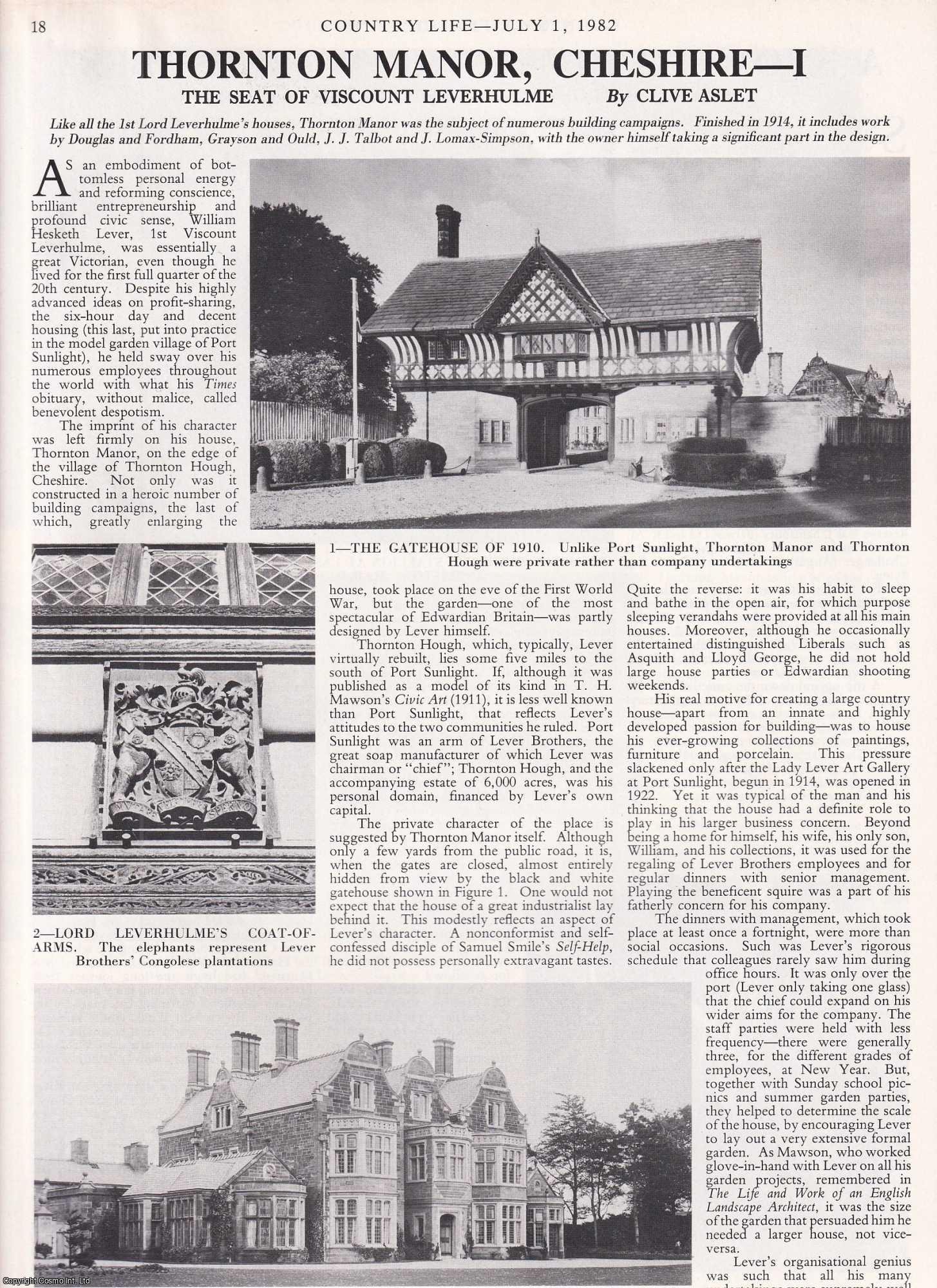 Clive Aslet - Thornton Manor, Cheshire. The Seat of Viscount Leverhulme - Parts I and II. Several pictures and accompanying text, removed from an original issue of Country Life Magazine, 1982.