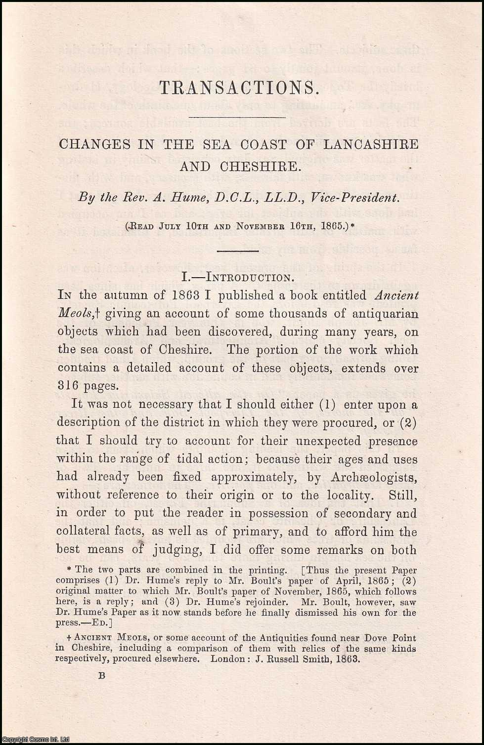 A. Hume - Changes in The Sea Coast of Lancashire and Cheshire. A rare original article from the Transactions of The Historic Society of Lancashire and Cheshire, 1866.
