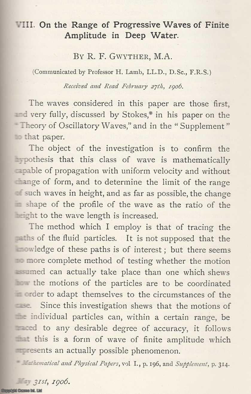 R. F. Gwyther - The Range of Progressive Waves of Finite Amplitude in Deep Water. An original article from the Memoirs of the Literary and Philosophical Society of Manchester, 1906.