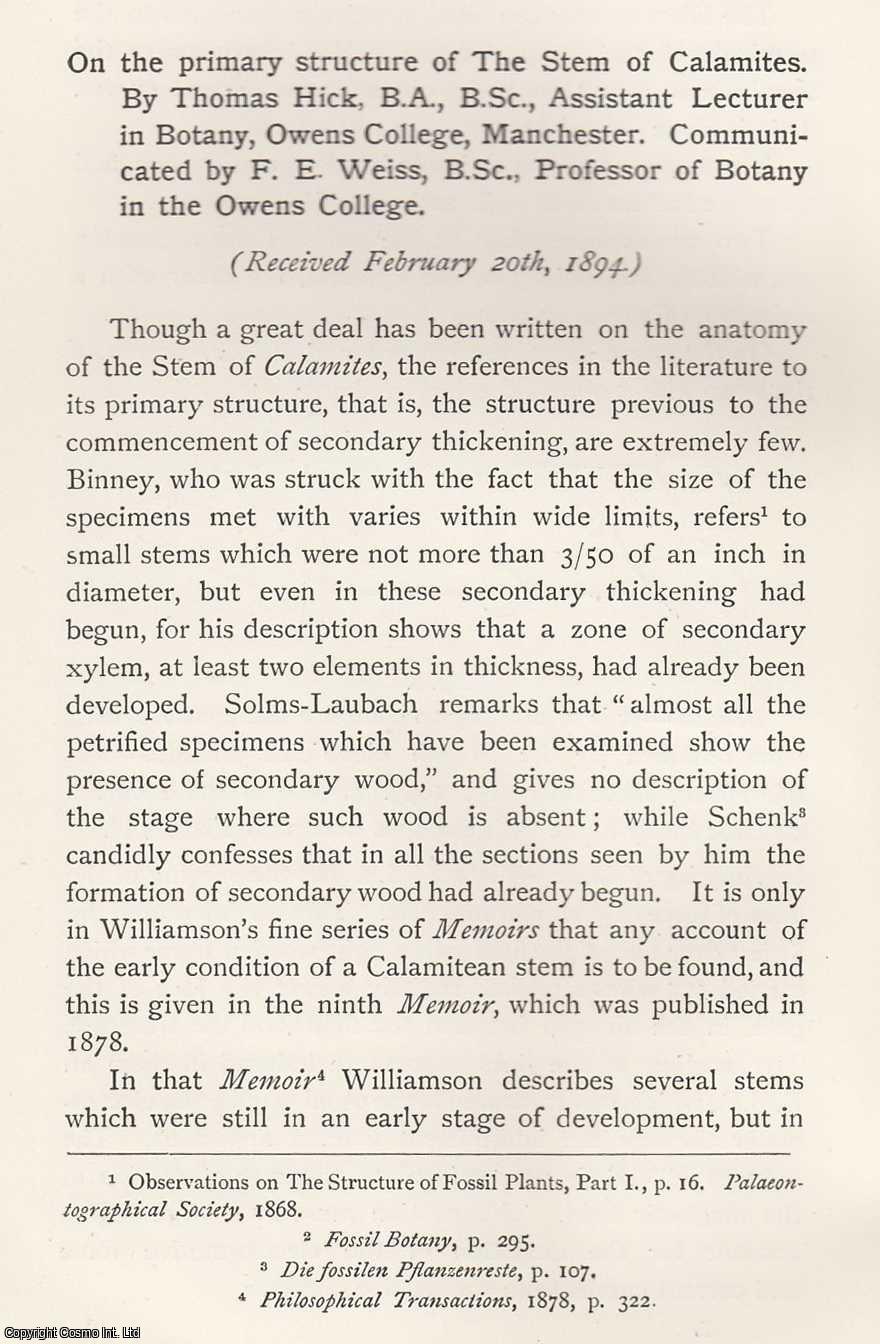 Thomas Hick - The Primary Structure of The Stem of Calamites. An original article from the Memoirs of the Literary and Philosophical Society of Manchester, 1894.