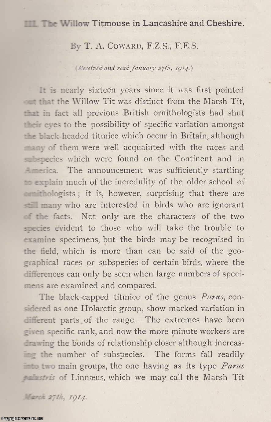 T. A. Coward - The Willow Titmouse in Lancashire and Cheshire. An original article from the Memoirs of the Literary and Philosophical Society of Manchester, 1915.
