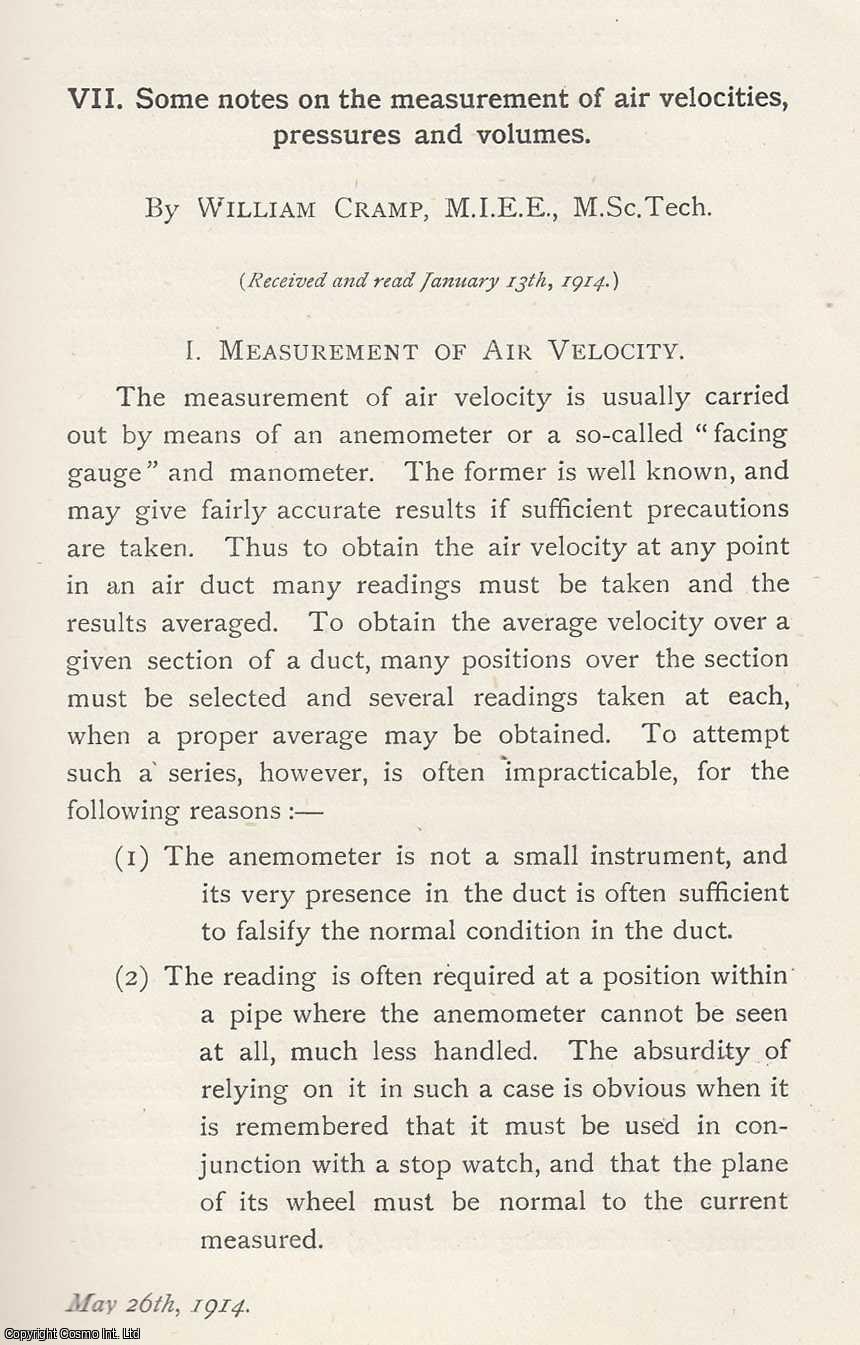 William Cramp - The Measurement of Air Velocities, Pressures and Volumes. An original article from the Memoirs of the Literary and Philosophical Society of Manchester, 1915.