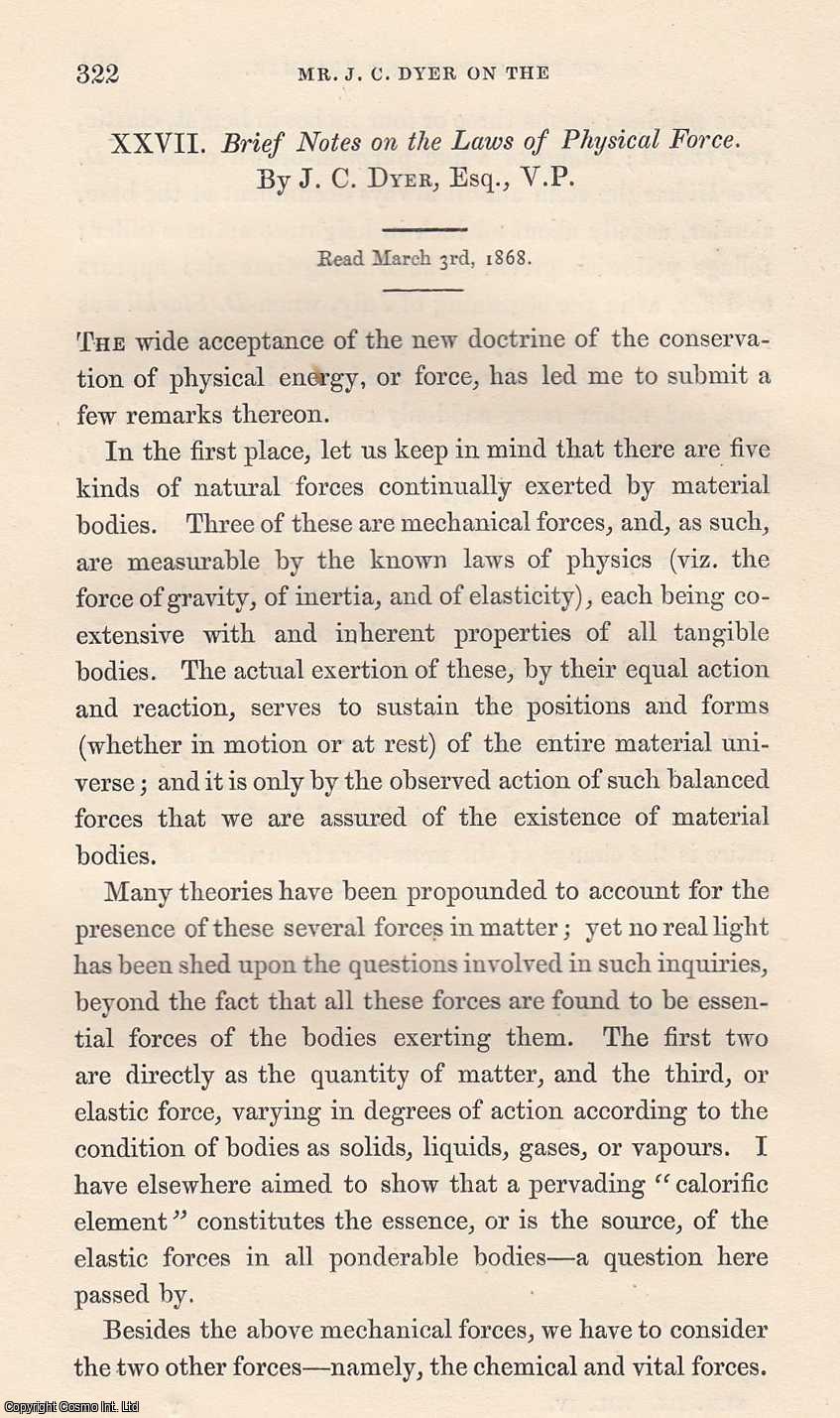J. C. Dyer - Brief Notes on The Laws of Physical Force. An original article from the Memoirs of the Literary and Philosophical Society of Manchester, 1871.