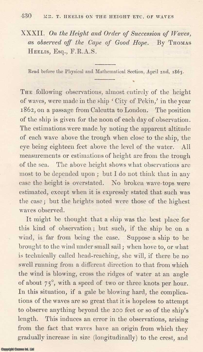 Thomas Heelis - The Height and Order of Succession of Waves, as Observed off The Cape of Good Hope. An original article from the Memoirs of the Literary and Philosophical Society of Manchester, 1865.