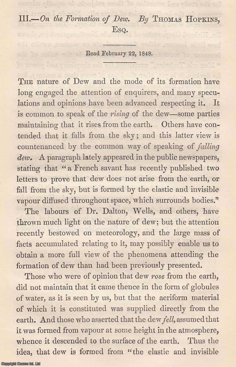 Thomas Hopkins - The Formation of Dew. An original article from the Memoirs of the Literary and Philosophical Society of Manchester, 1851.