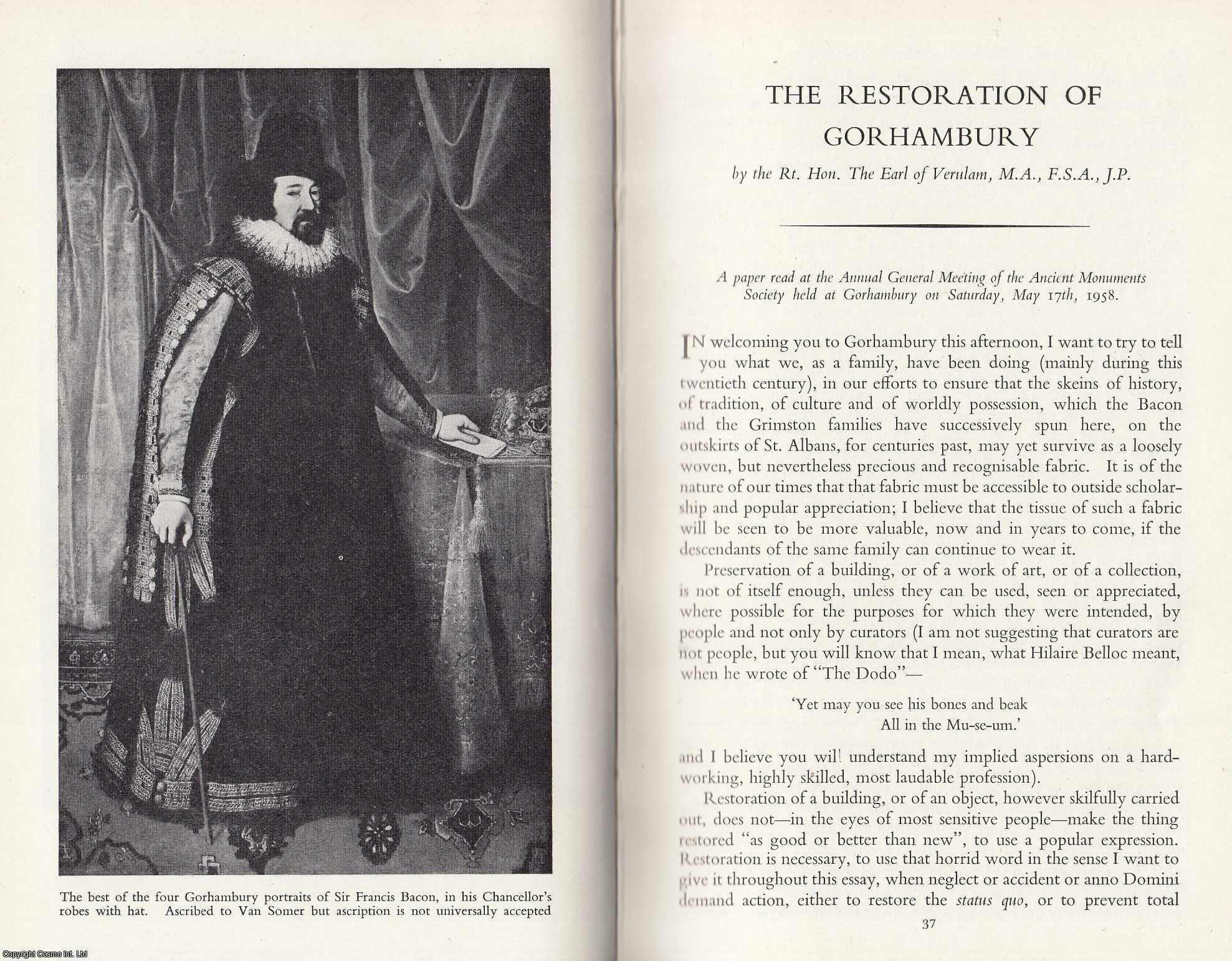 Earl of Verulam, F.S.A. - The Restoration of Gorhambury. An original article from the Transactions of The Ancient Monuments Society, 1958.