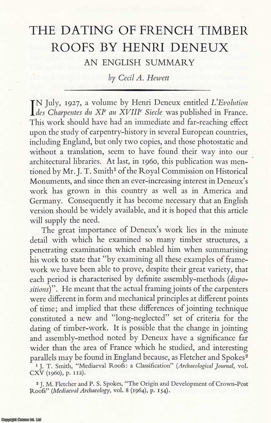 Cecil A. Hewett - The Dating of French Timber Roofs by Henri Deneux: An English Summary. An original article from the Transactions of The Ancient Monuments Society, 1969.
