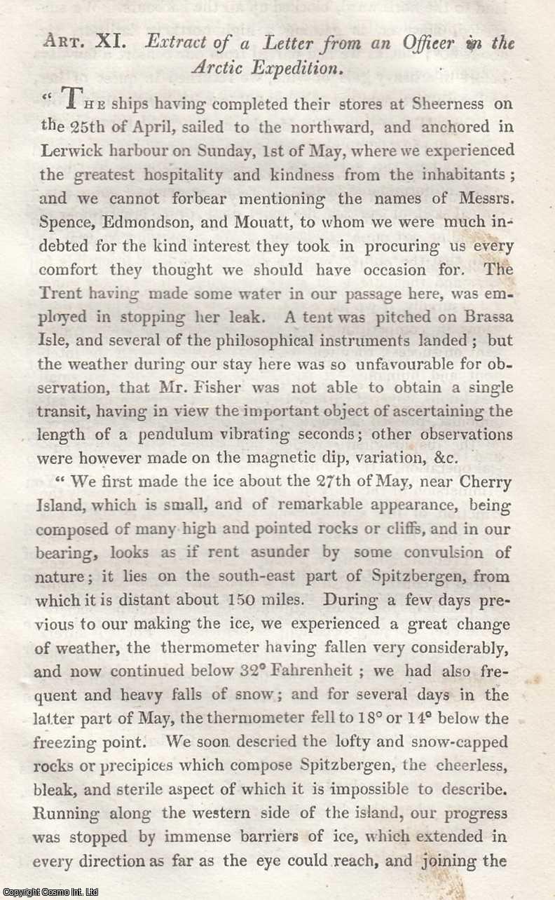 THE 1818 SPITZBERGEN EXPEDITION - Extract of a Letter from an Officer in The Arctic Expedition of Captain Buchan and John Franklin. An uncommon original article from the Journal of Science and the Arts, edited by the Royal Institution of Great Britain, 1819.