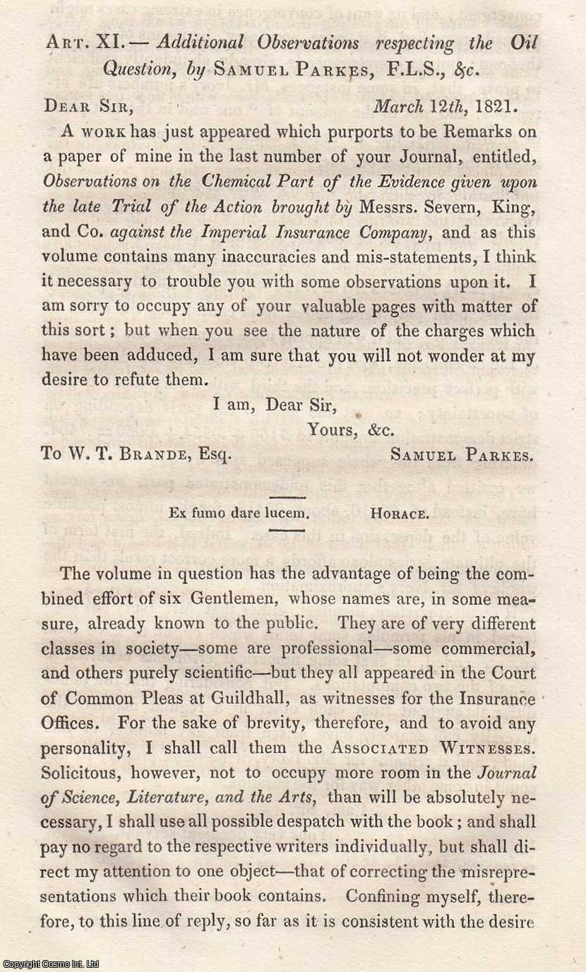 SUGAR DISPUTE - Additional Observations Respecting The Oil Question. By Samuel Parkes. An uncommon original article from the Journal of Science and the Arts, edited by the Royal Institution of Great Britain, 1821.