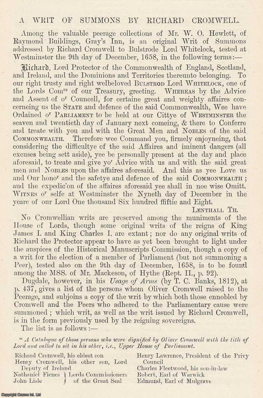 LORD PROTECTOR OF THE COMMONWEALTH - A Writ of Summons by Richard Cromwell to Bulstrode Lord Whitelock An original article from The Genealogist, 1884.