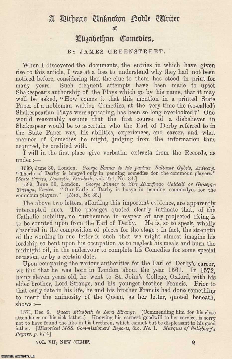 James Greenstreet - A Hitherto Unknown Noble Writer of Elizabethan Comedies. An original article from The Genealogist, 1890.