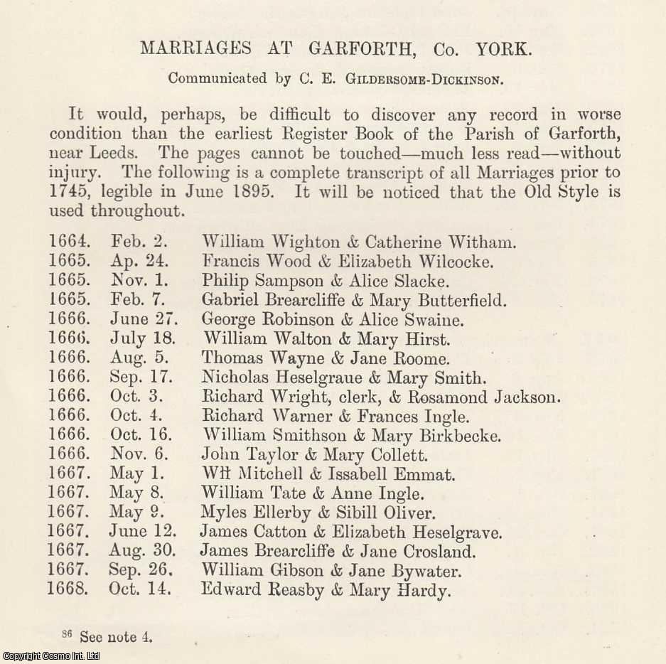 C. E. Gildersome-Dickinson - Marriages at Garforth, Yorkshire. An original article from The Genealogist, 1897.