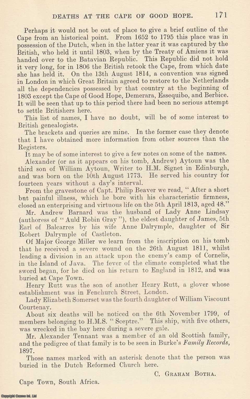 SOUTH AFRICA - Extracts from Register of Deaths at The Cape of Good Hope, 1795-1815. An original article from The Genealogist, 1913.