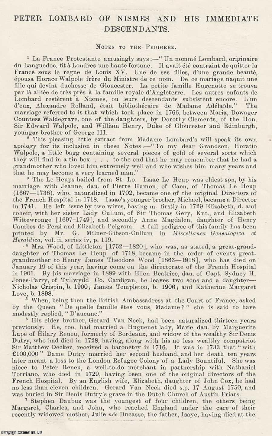 GENEALOGY - Peter Lombard of Nismes and his Immediate Descendants. An original article from The Genealogist, 1919.