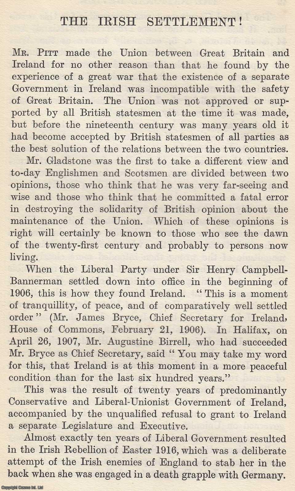 IRISH FREE STATE - The Irish Settlement. By The Earl of Selborne, K.G. An original article from The National Review, 1923.