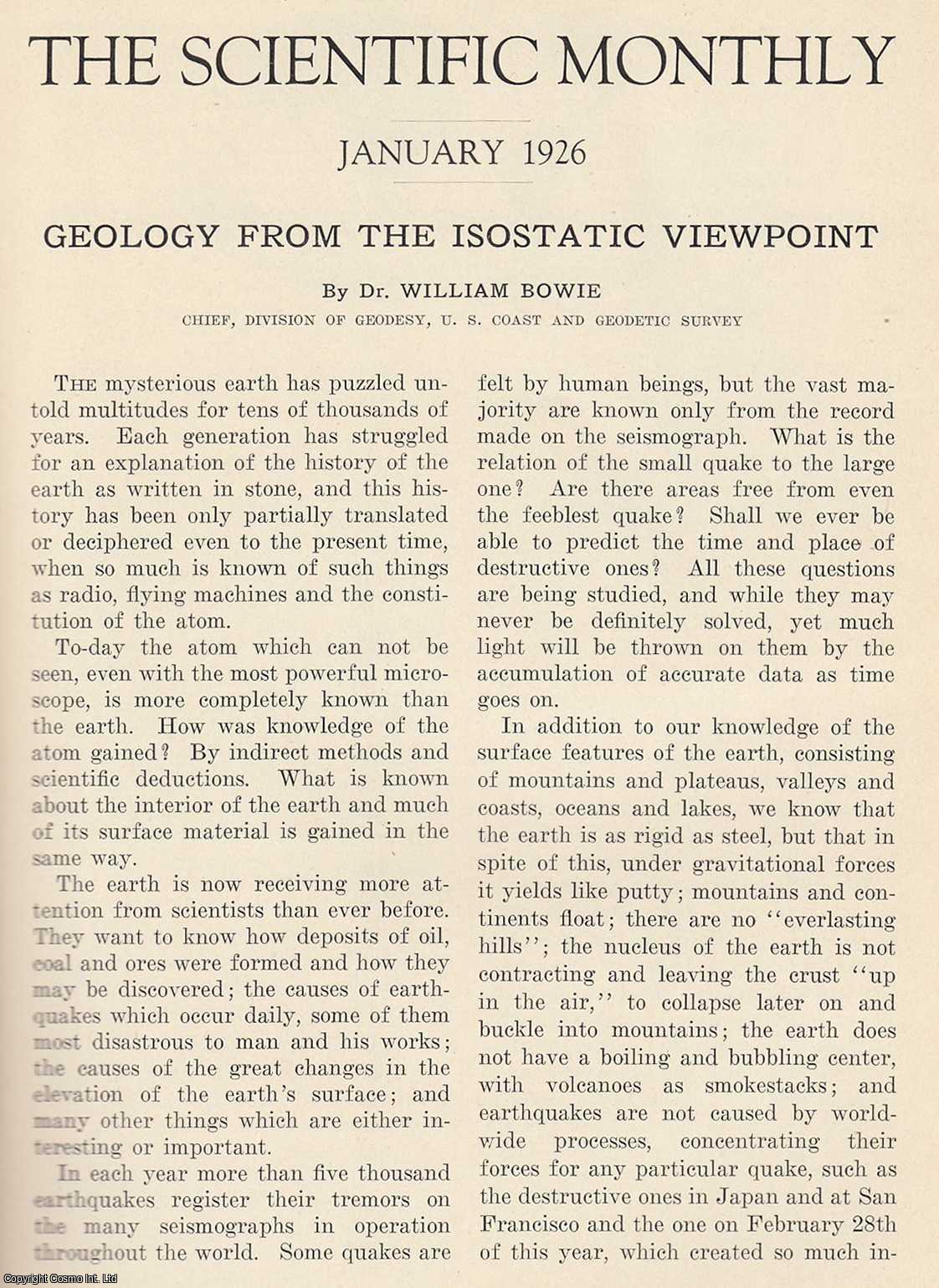Dr. William Bowie - Geology from The Isostatic Viewpoint. An original article from The Scientific Monthly, 1926.