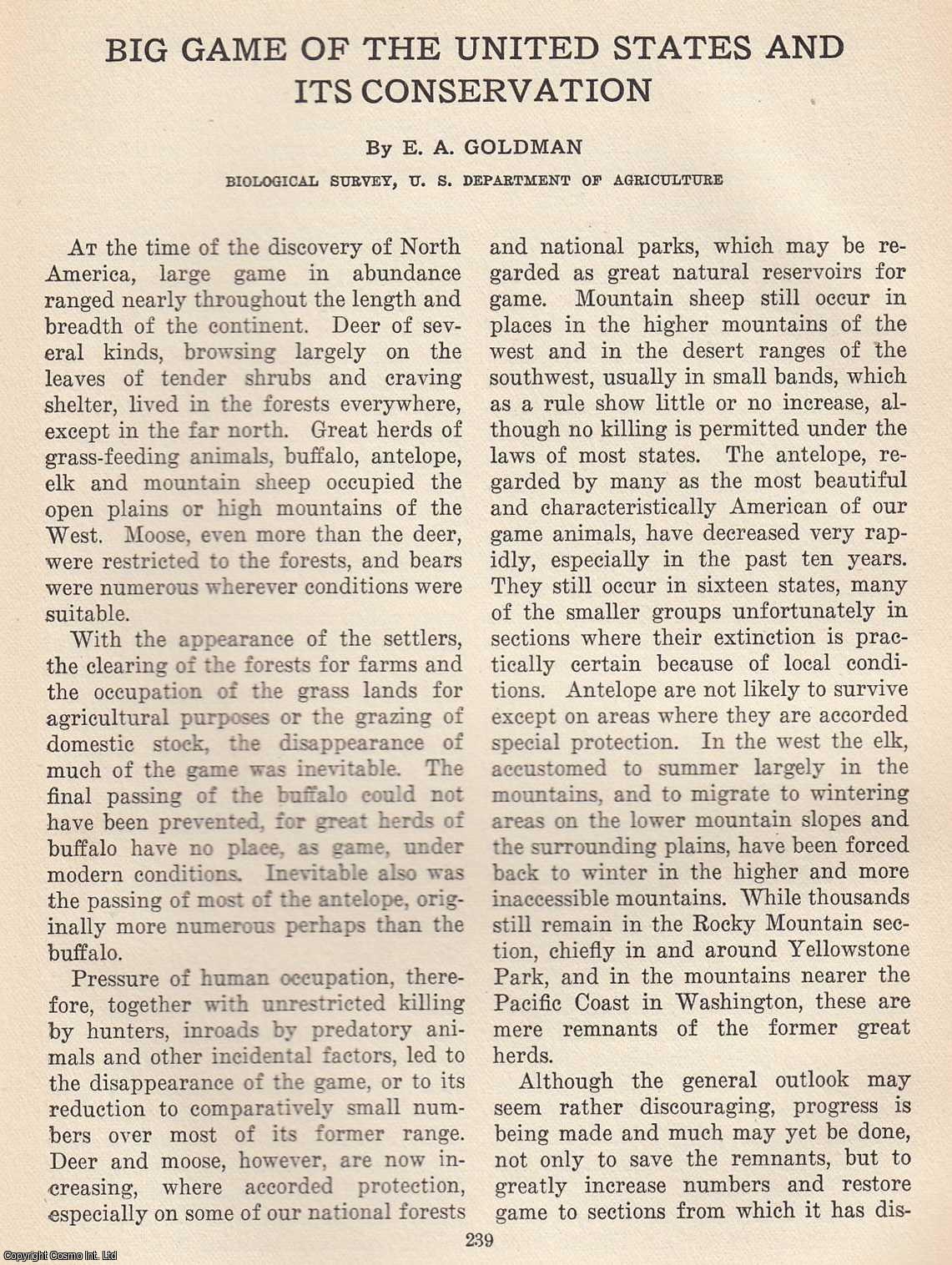 E. A. Goldman - Big Game of The United States and its Conservation. An original article from The Scientific Monthly, 1926.