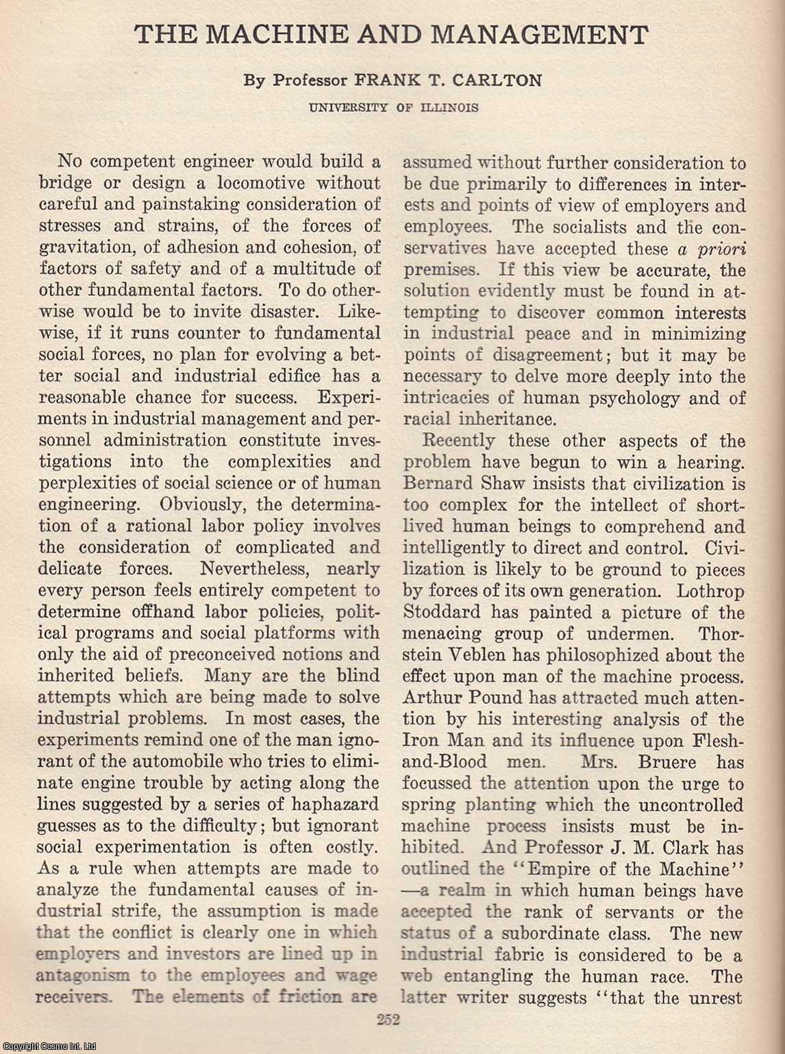 Professor Frank T. Carlton - The Machine and Management. An original article from The Scientific Monthly, 1926.