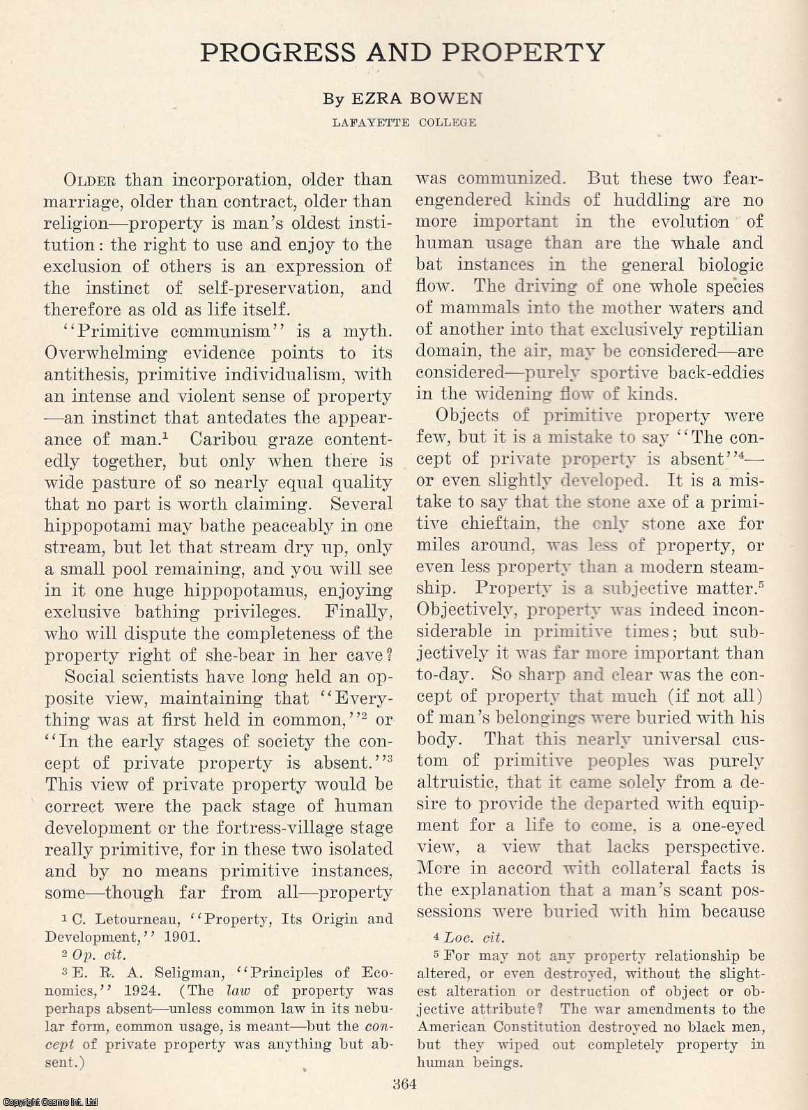 Ezra Bowen - Progress and Property. An original article from The Scientific Monthly, 1926.