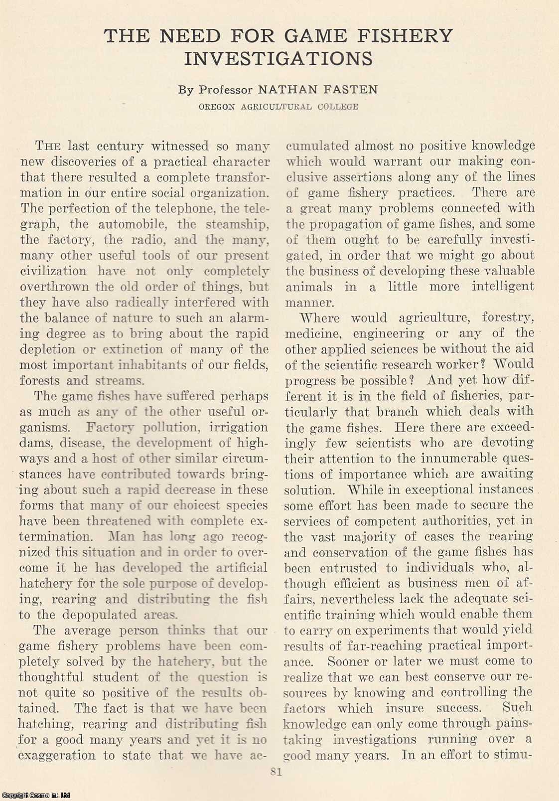 Professor Nathan Fasten - The Need for Game Fishery Investigations. An original article from The Scientific Monthly, 1927.