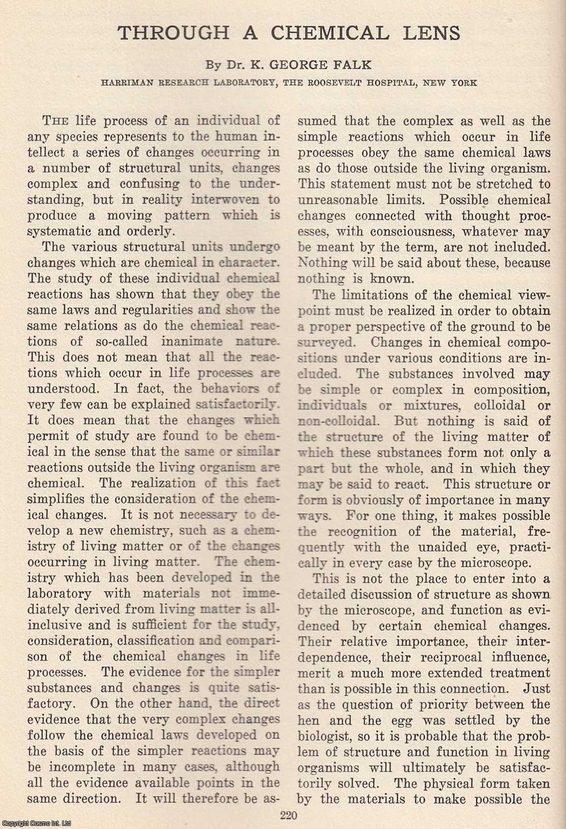 Dr. K. George Falk - Through a Chemical Lens. An original article from The Scientific Monthly, 1927.