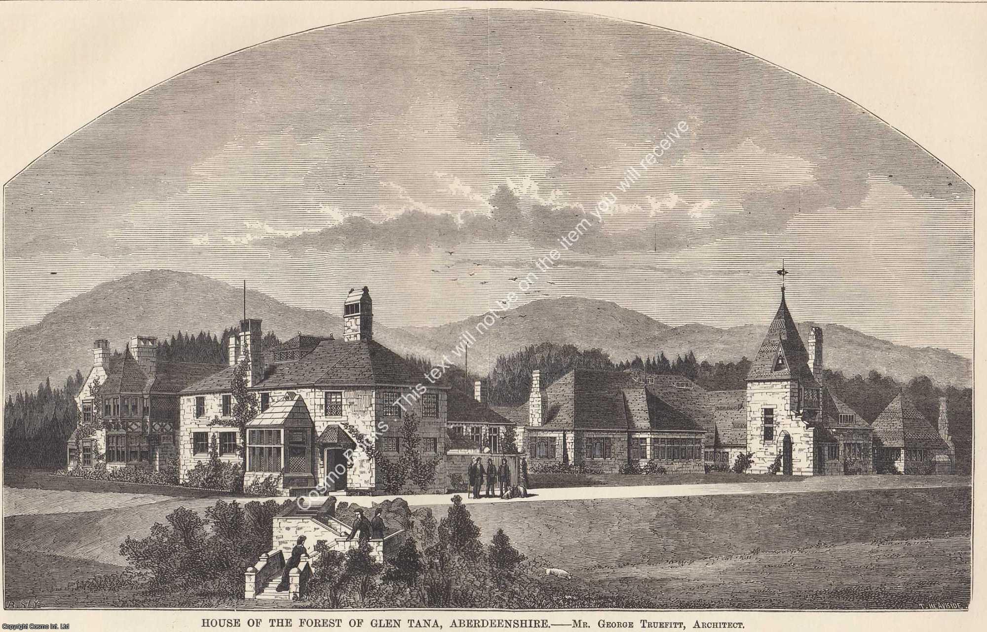 GLEN TANA, ABERDEENSHIRE - 1879 : House of The Forest of Glen Tana, Aberdeenshire. George Truefitt, Architect. An original page from The Builder. An Illustrated Weekly Magazine, for the Architect, Engineer, Archaeologist, Constructor, & Art-Lover.
