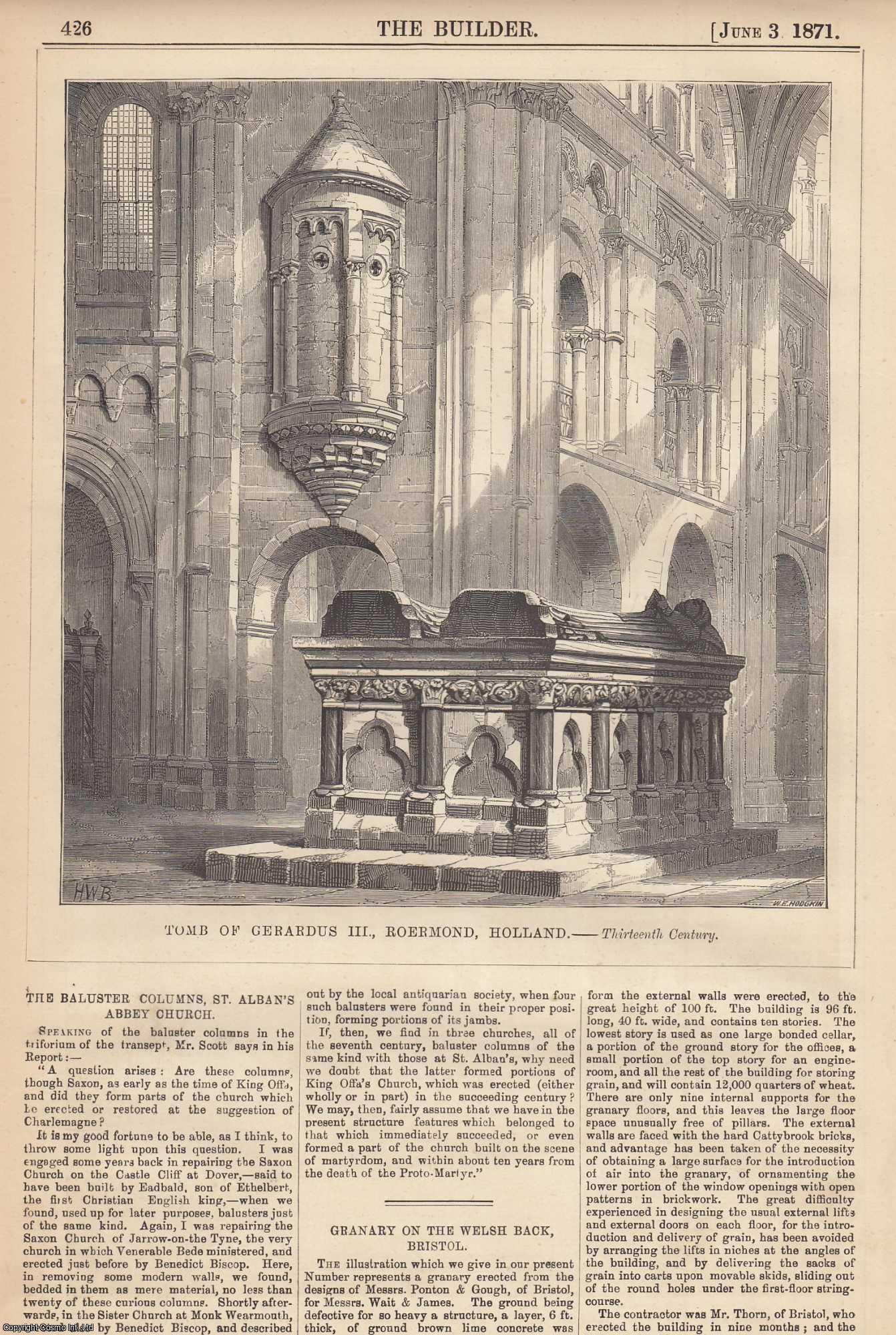 GERARDUS III, HOLLAND - 1871 : Tomb of Gerardus III, Roermond, Holland. An original page from The Builder. An Illustrated Weekly Magazine, for the Architect, Engineer, Archaeologist, Constructor, & Art-Lover.