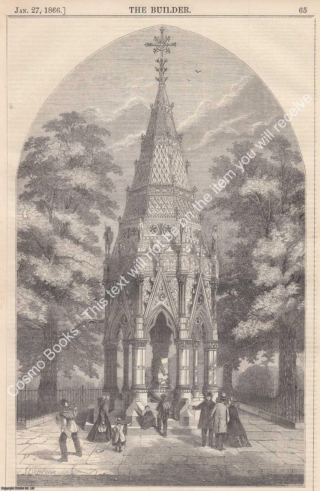 FOUNTAIN, WESTMINSTER - 1866 : Memorial Drinking-Fountain, St. Margaret's, Westminster. S. S. Teulon, Architect. An original page from The Builder. An Illustrated Weekly Magazine, for the Architect, Engineer, Archaeologist, Constructor, & Art-Lover.