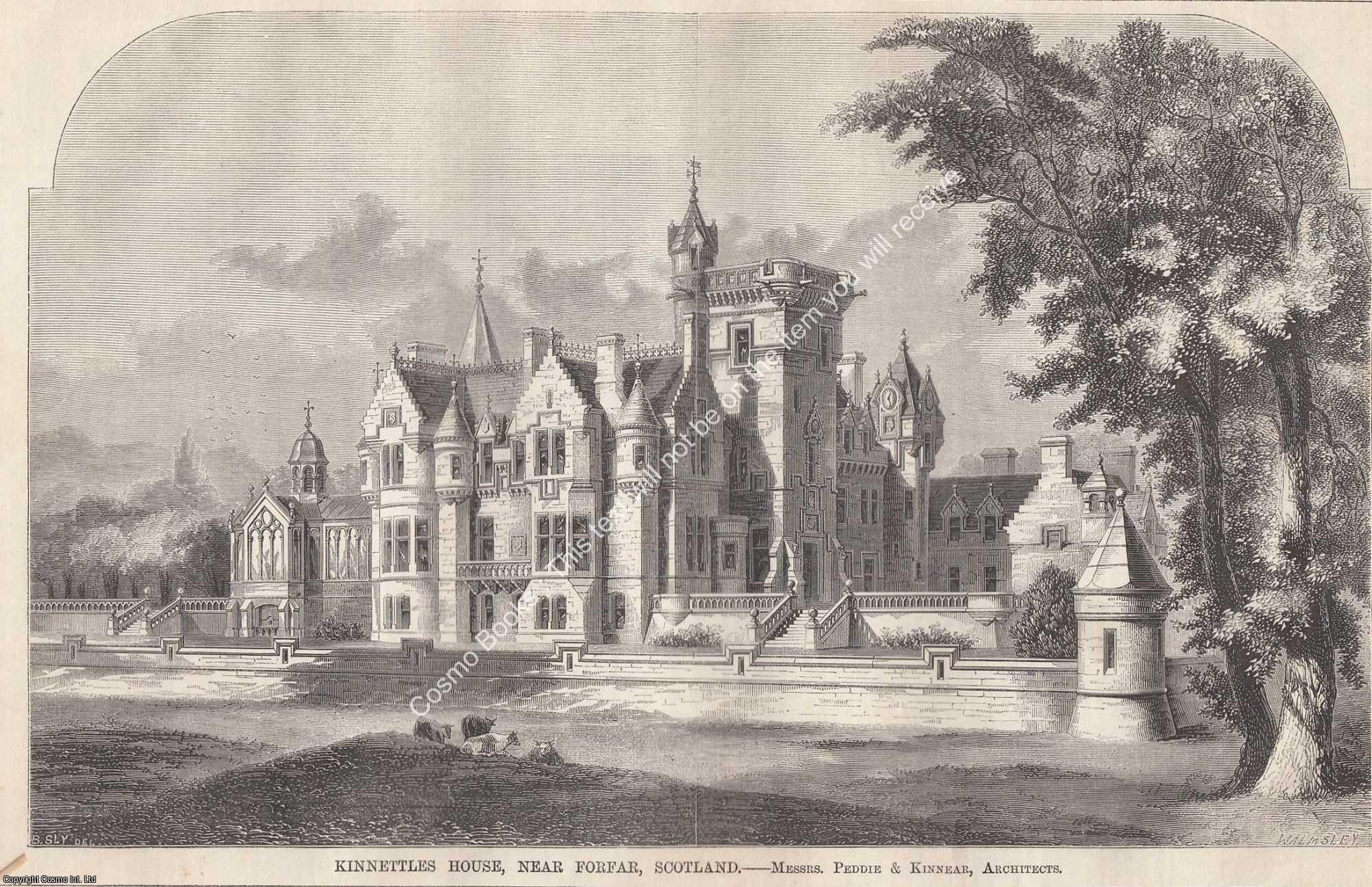 FORFAR, SCOTLAND - 1866 : Kinnettles House, Near Forfar, Scotland. An original page from The Builder. An Illustrated Weekly Magazine, for the Architect, Engineer, Archaeologist, Constructor, & Art-Lover.