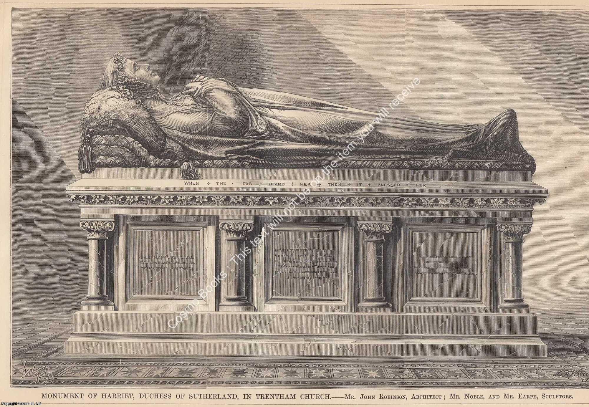 DUCHESS OF SUTHERLAND, CHURCH - 1872 : Monument of Harriet, Duchess of Sutherland, in Trentham Church. John Robinson, Architect. Mr. Noble and Mr. Earpe, Sculptors. An original page from The Builder. An Illustrated Weekly Magazine, for the Architect, Engineer, Archaeologist, Constructor, & Art-Lover.