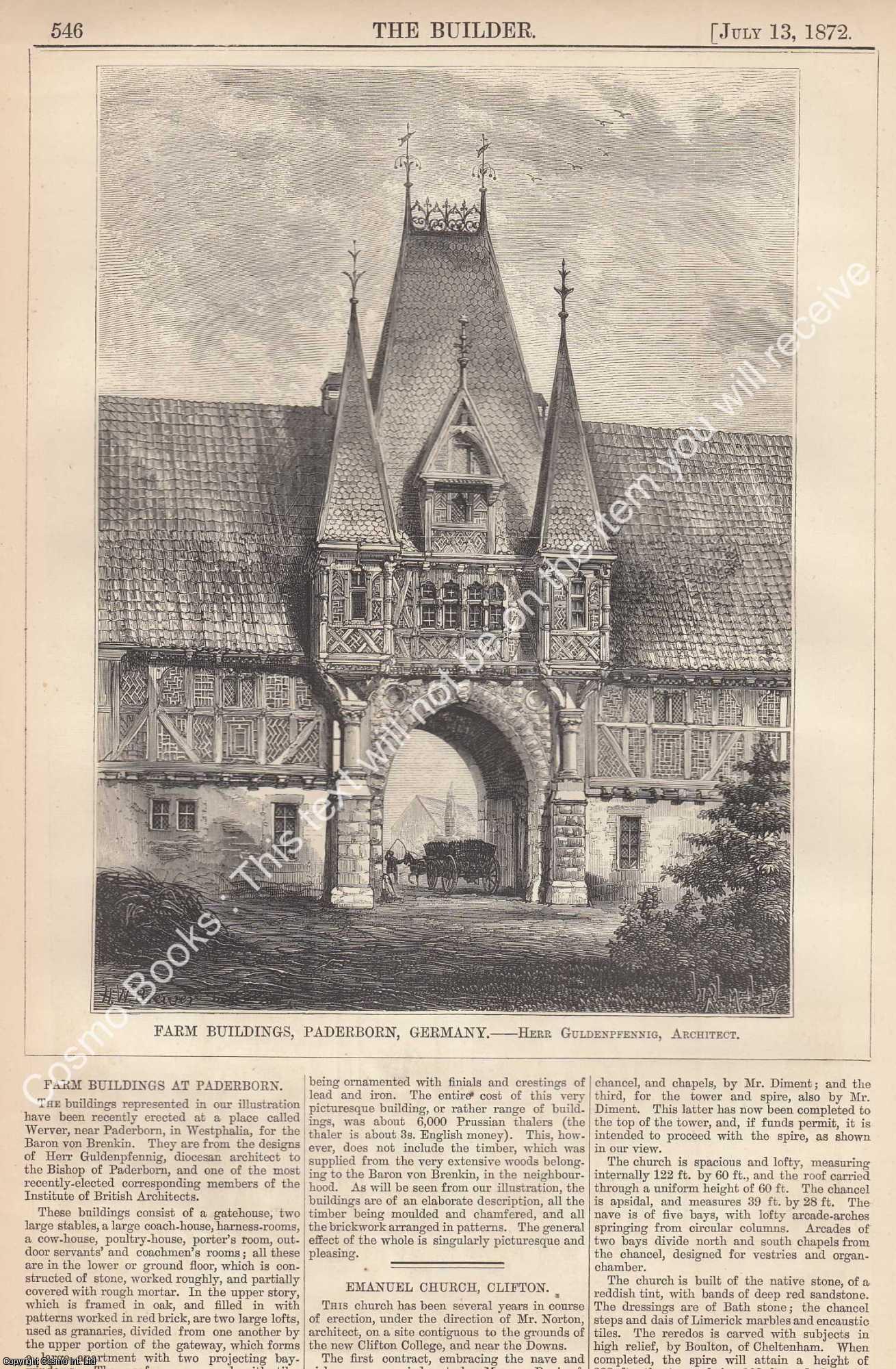 FARM BUILDINGS, GERMANY - 1872 : Farm Buildings, Paderborn, Germany. Herr Guldenpfennig, Architect. An original page from The Builder. An Illustrated Weekly Magazine, for the Architect, Engineer, Archaeologist, Constructor, & Art-Lover.