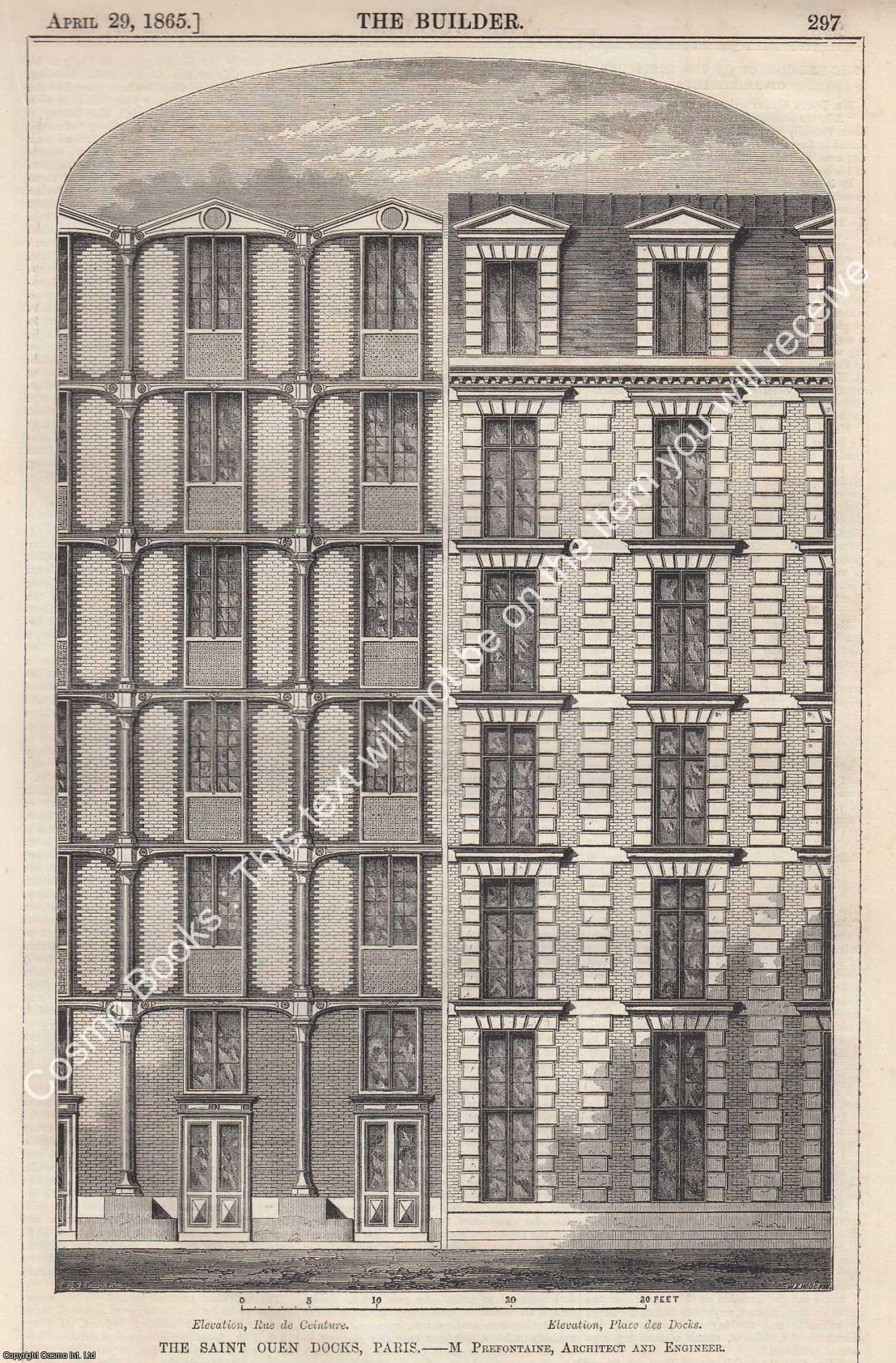 DOCKS, PARIS - 1865 : The Saint Ouen Docks, Paris. M. Prefontaine, Architect and Engineer. An original page from The Builder. An Illustrated Weekly Magazine, for the Architect, Engineer, Archaeologist, Constructor, & Art-Lover.