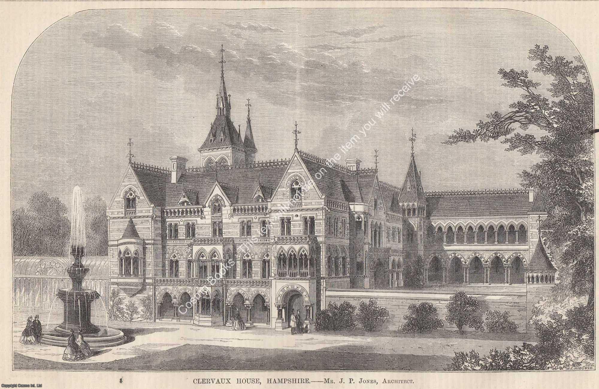 HAMPSHIRE - 1864 : Clervaux House, Hampshire. J. P. Jones, Architect. An original page from The Builder. An Illustrated Weekly Magazine, for the Architect, Engineer, Archaeologist, Constructor, & Art-Lover.