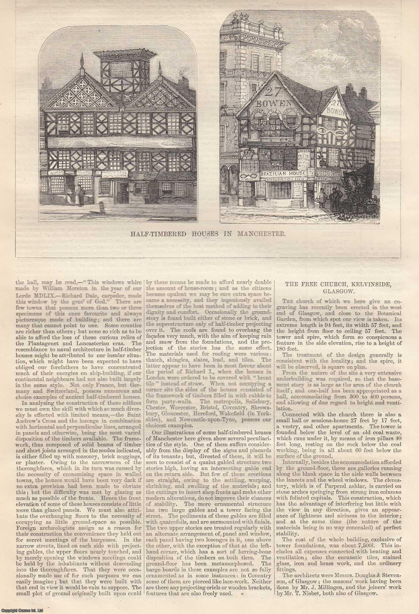 HOUSE, MANCHESTER - 1864 : Half Timbered Houses in Manchester. An original page from The Builder. An Illustrated Weekly Magazine, for the Architect, Engineer, Archaeologist, Constructor, & Art-Lover.