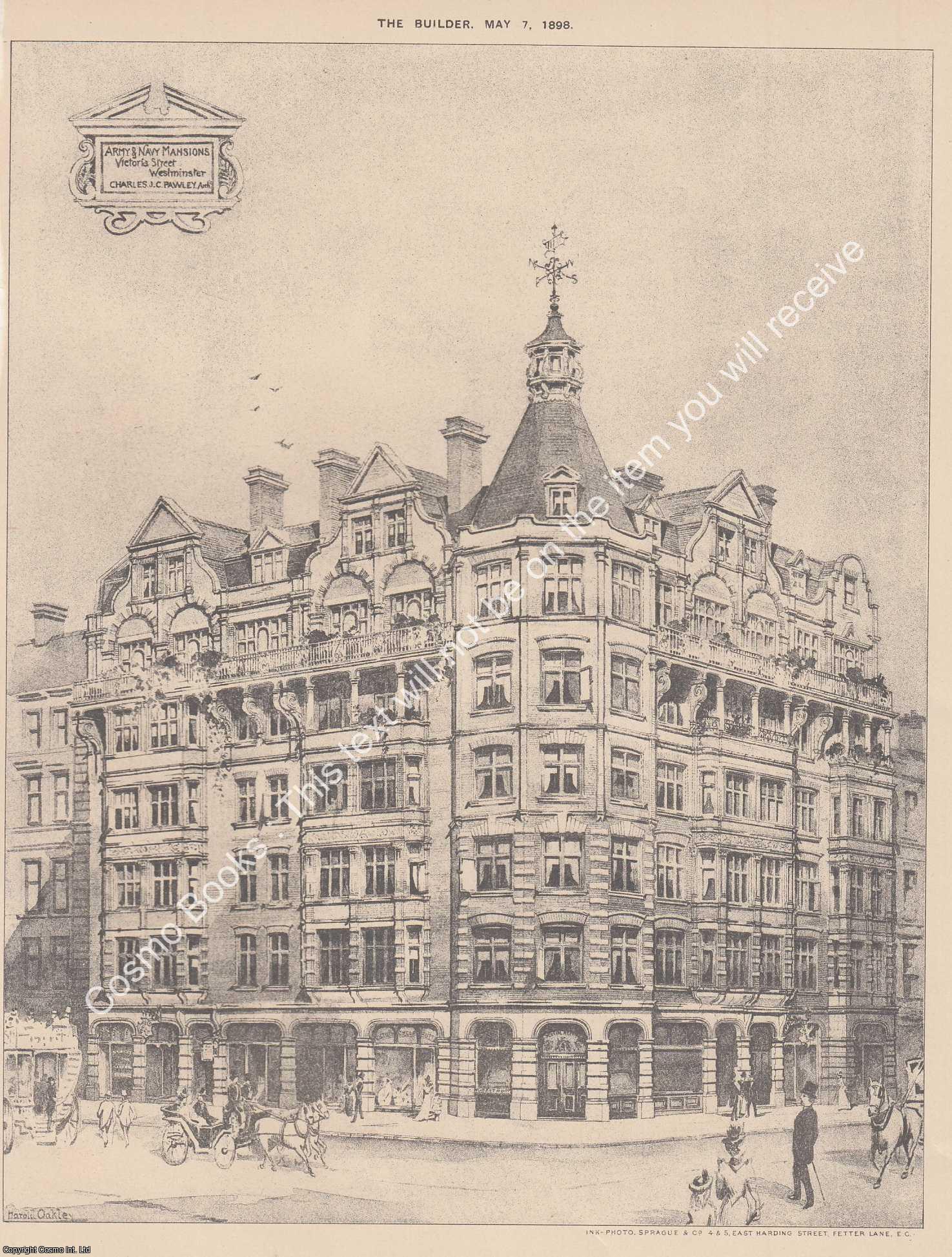 ARMY AND NAVY MANSIONS, WESTMINSTER - 1898 : Army and Navy Mansions. Victoria Street, Westminster. Charles J. C. Pawley, Architect. An original page from The Builder. An Illustrated Weekly Magazine, for the Architect, Engineer, Archaeologist, Constructor, & Art-Lover.