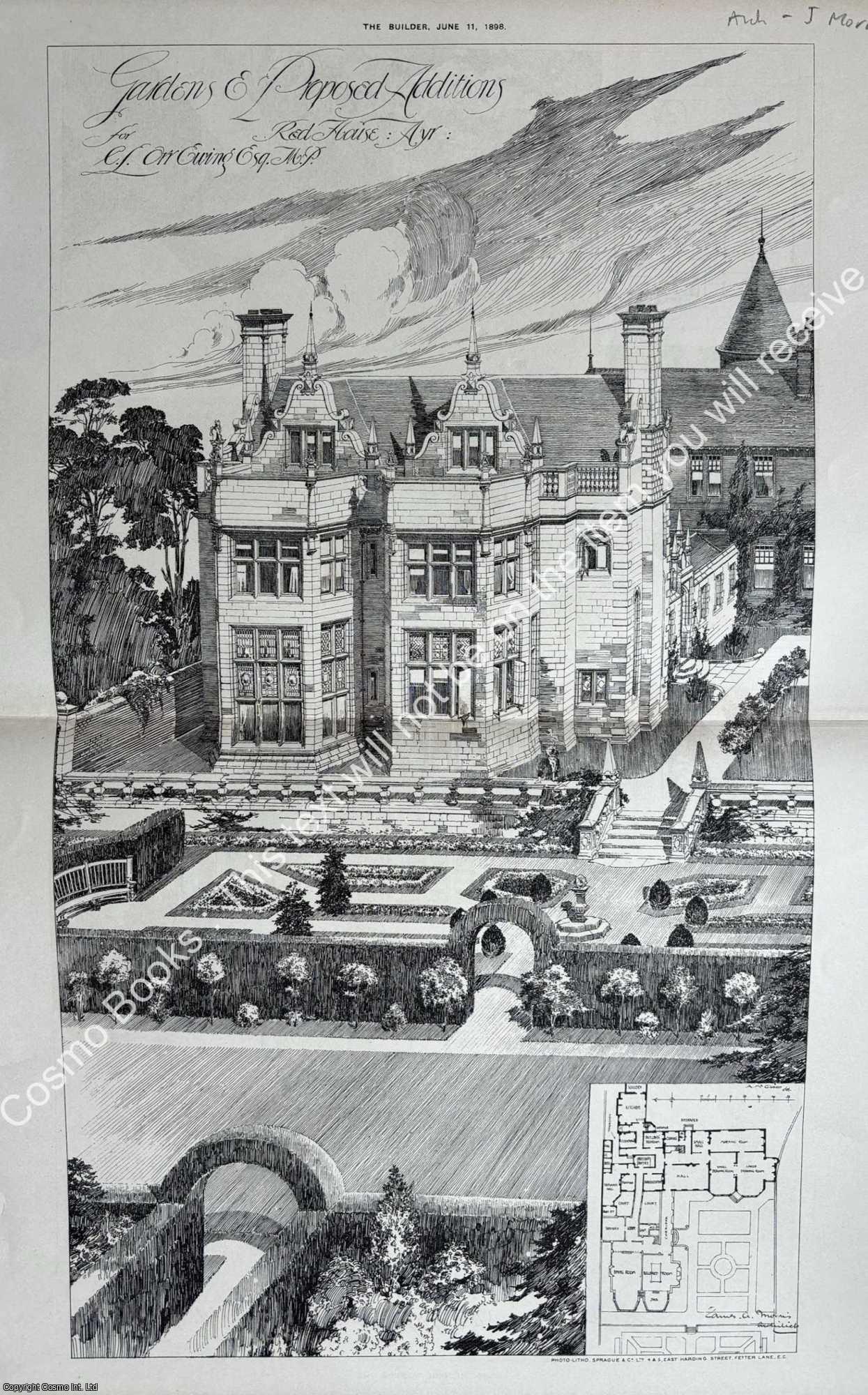 GARDENS OF RED HOUSE - 1898 : Gardens and Proposed Additions for Red House, Ayr. C. L. Orr Ewing. An original page from The Builder. An Illustrated Weekly Magazine, for the Architect, Engineer, Archaeologist, Constructor, & Art-Lover.