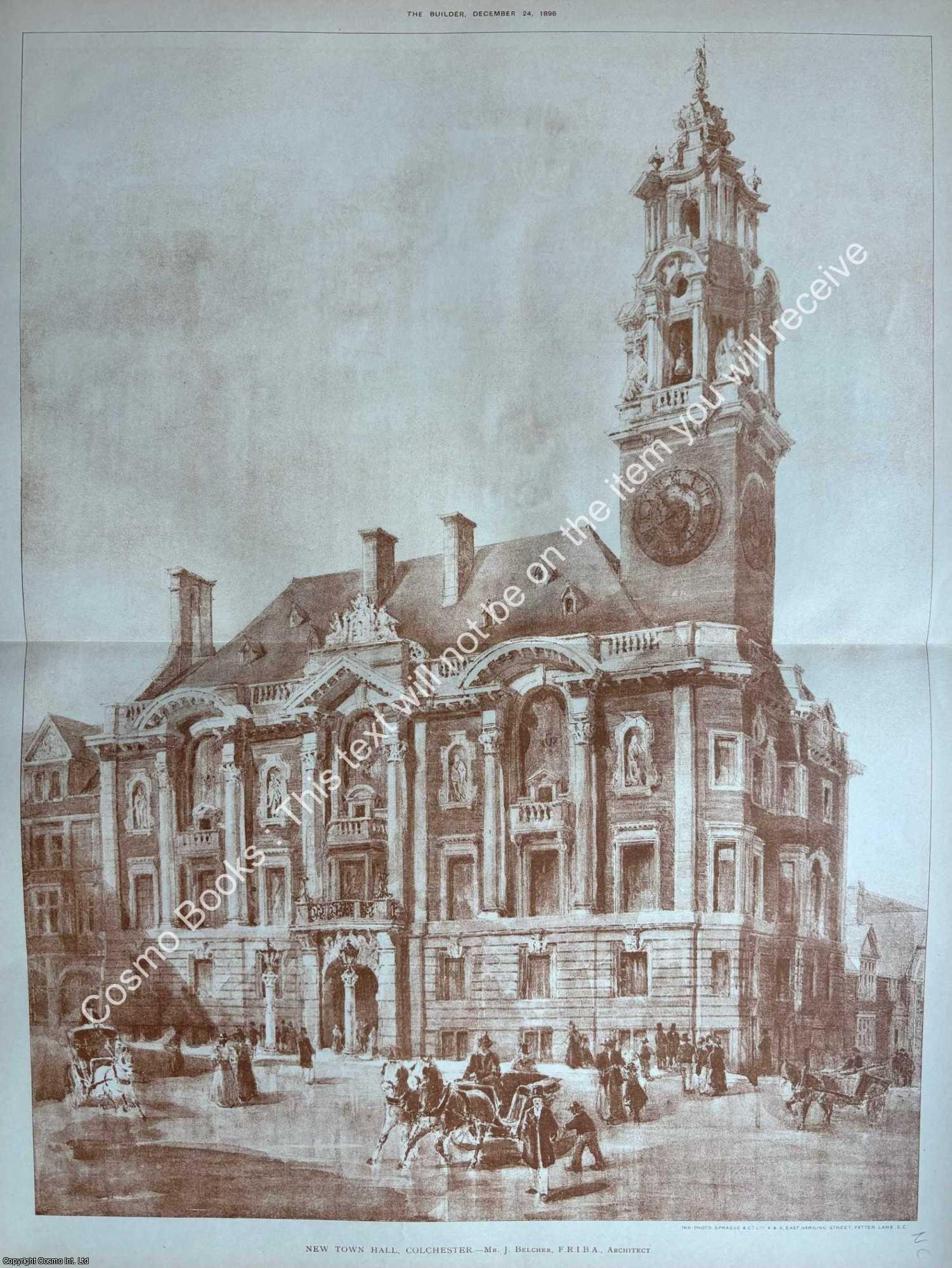TOWN HALL COLCHESTER - 1898 : New Town Hall, Colchester. J. Belcher, Architect. An original page from The Builder. An Illustrated Weekly Magazine, for the Architect, Engineer, Archaeologist, Constructor, & Art-Lover.