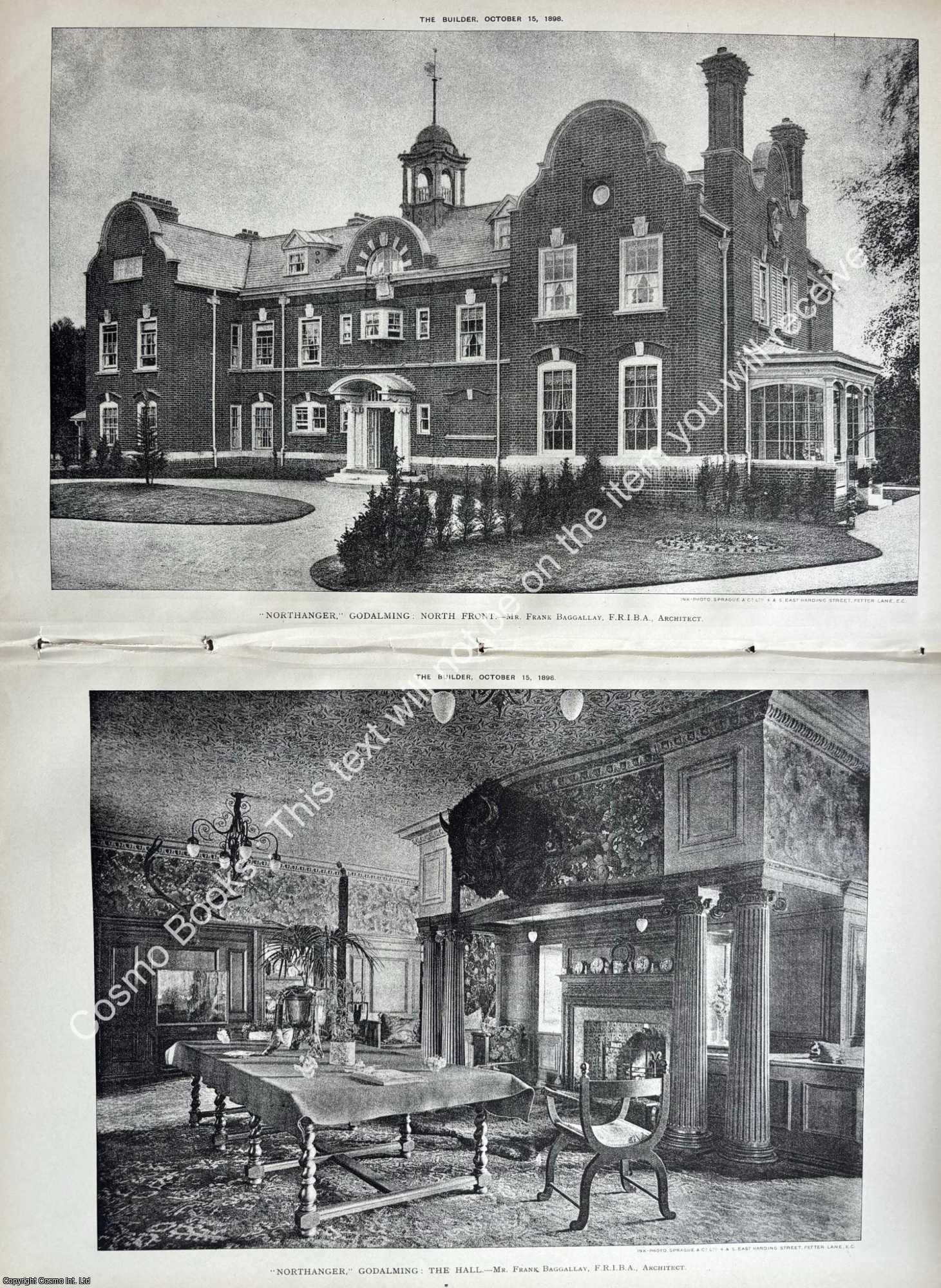 NORTHANGER GODALMING - 1898 : Northanger, Godalming: The North Front and The Hall. Frank Baggallay, Architect. An original page from The Builder. An Illustrated Weekly Magazine, for the Architect, Engineer, Archaeologist, Constructor, & Art-Lover.