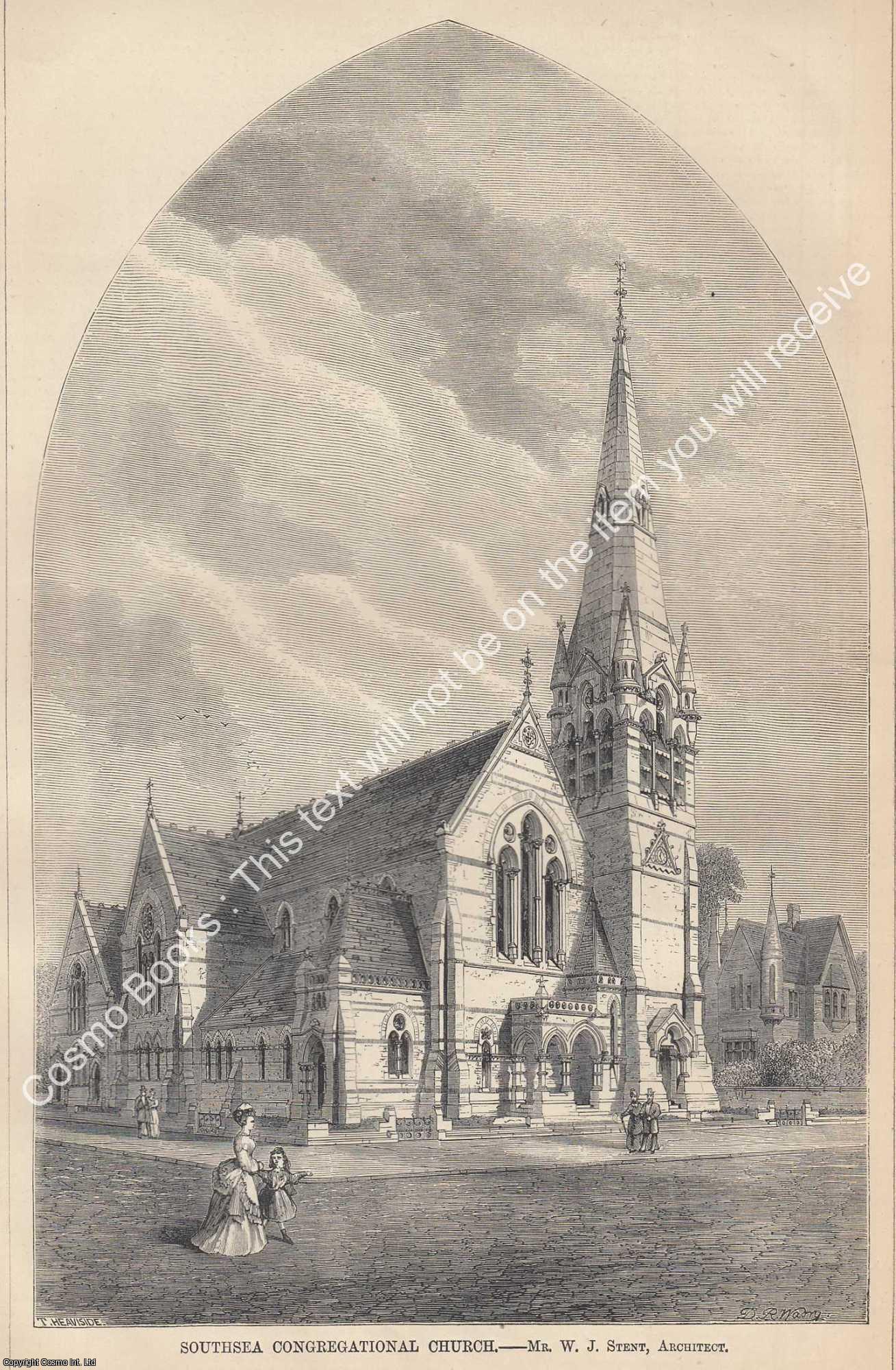 CONGREGATIONAL CHURCH, SOUTHSEA - 1874 : Southsea Congregational Church. W. J. Stent, Architect. An original page from The Builder. An Illustrated Weekly Magazine, for the Architect, Engineer, Archaeologist, Constructor, & Art-Lover.