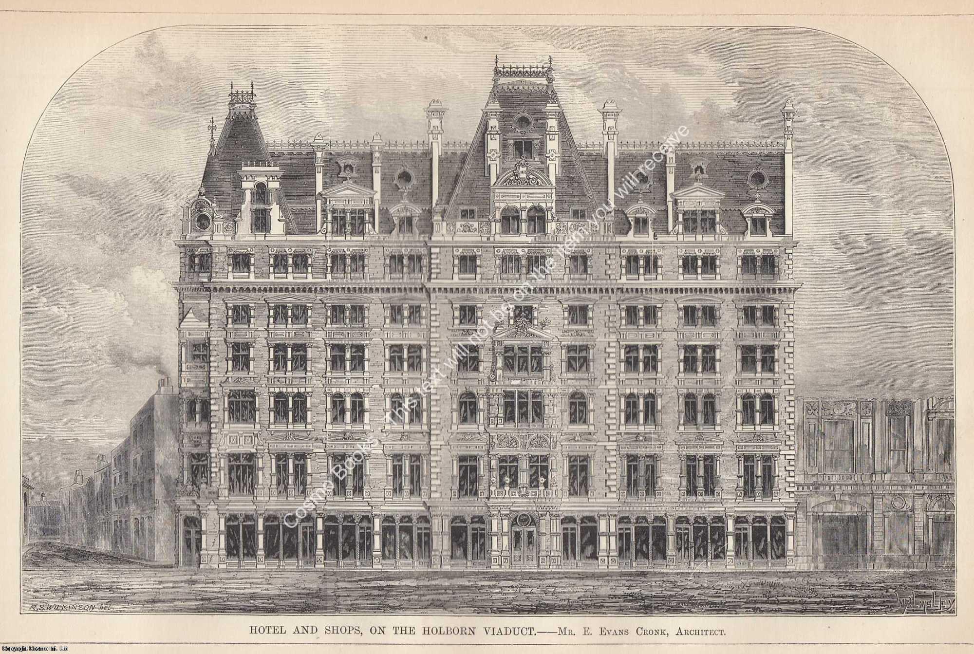 HOLBORN VIADUCT SHOPS AND HOTELS - 1874 : Hotel and Shops on The Holborn Viaduct. E. Evans Cronk, Architect. An original page from The Builder. An Illustrated Weekly Magazine, for the Architect, Engineer, Archaeologist, Constructor, & Art-Lover.