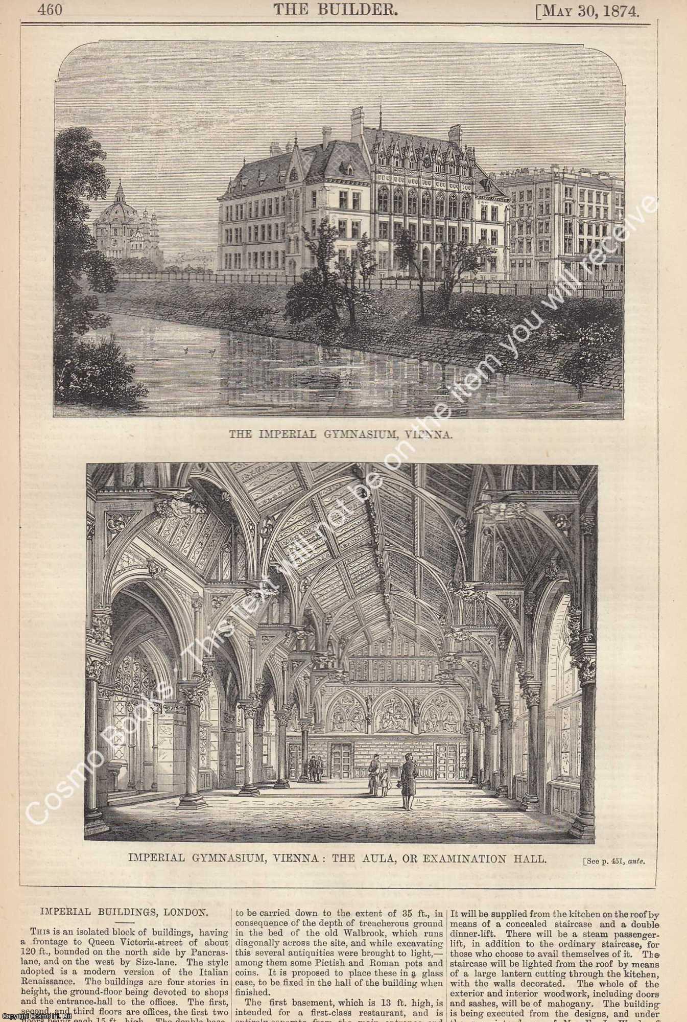 GYMNASIUM, VIENNA - 1874 : Imperial Gymnasium, Vienna: The Aula, or Examination Hall. An original page from The Builder. An Illustrated Weekly Magazine, for the Architect, Engineer, Archaeologist, Constructor, & Art-Lover.