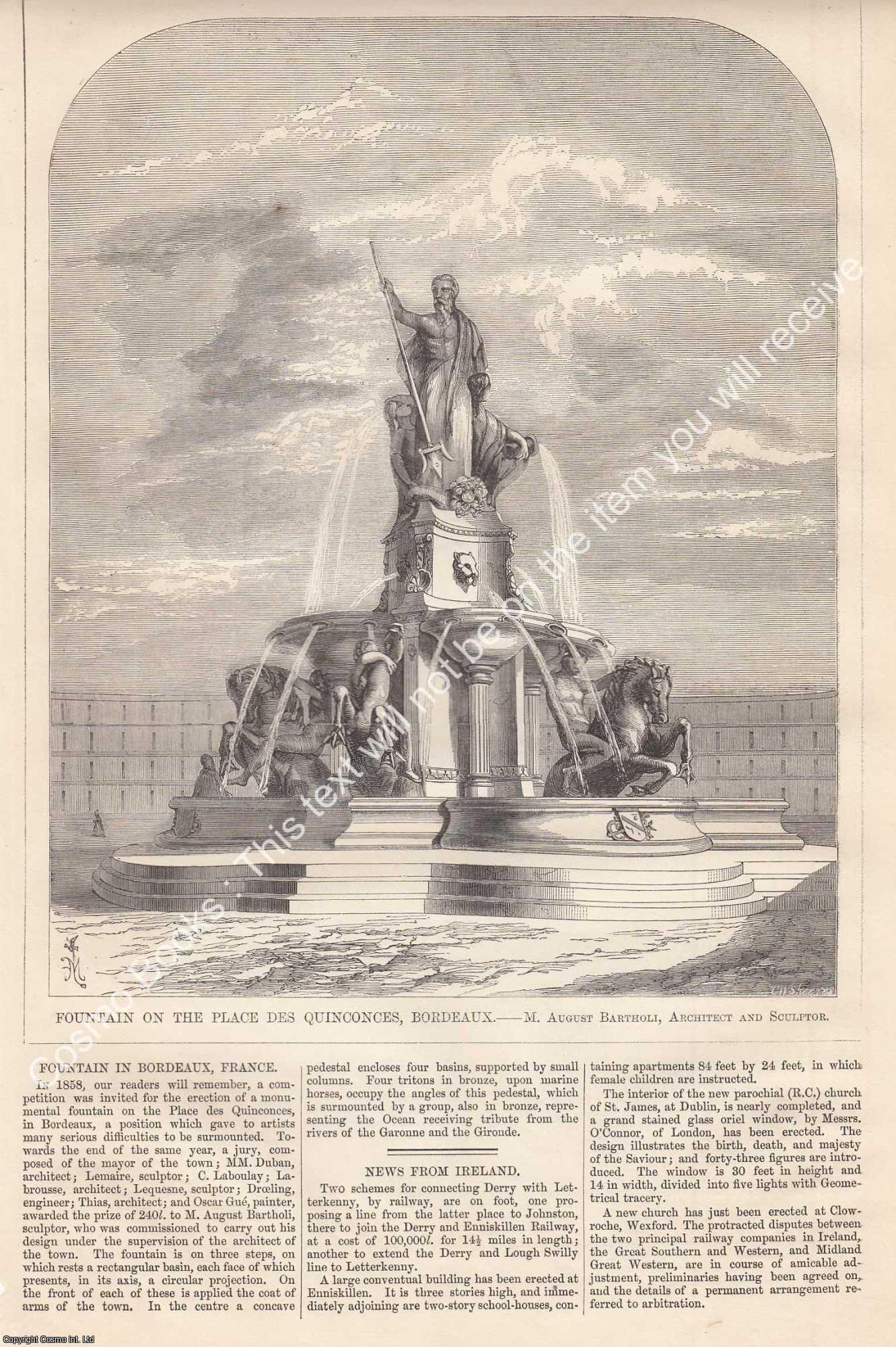 FOUNTAIN ON PLACE DES QUINCONCES, BORDEAUX, FRANCE - 1859 : Fountain on The Place Des Quinconces, Bordeaux. M. August Bartholi, Architect and Sculptor. An original page from The Builder. An Illustrated Weekly Magazine, for the Architect, Engineer, Archaeologist, Constructor, & Art-Lover.