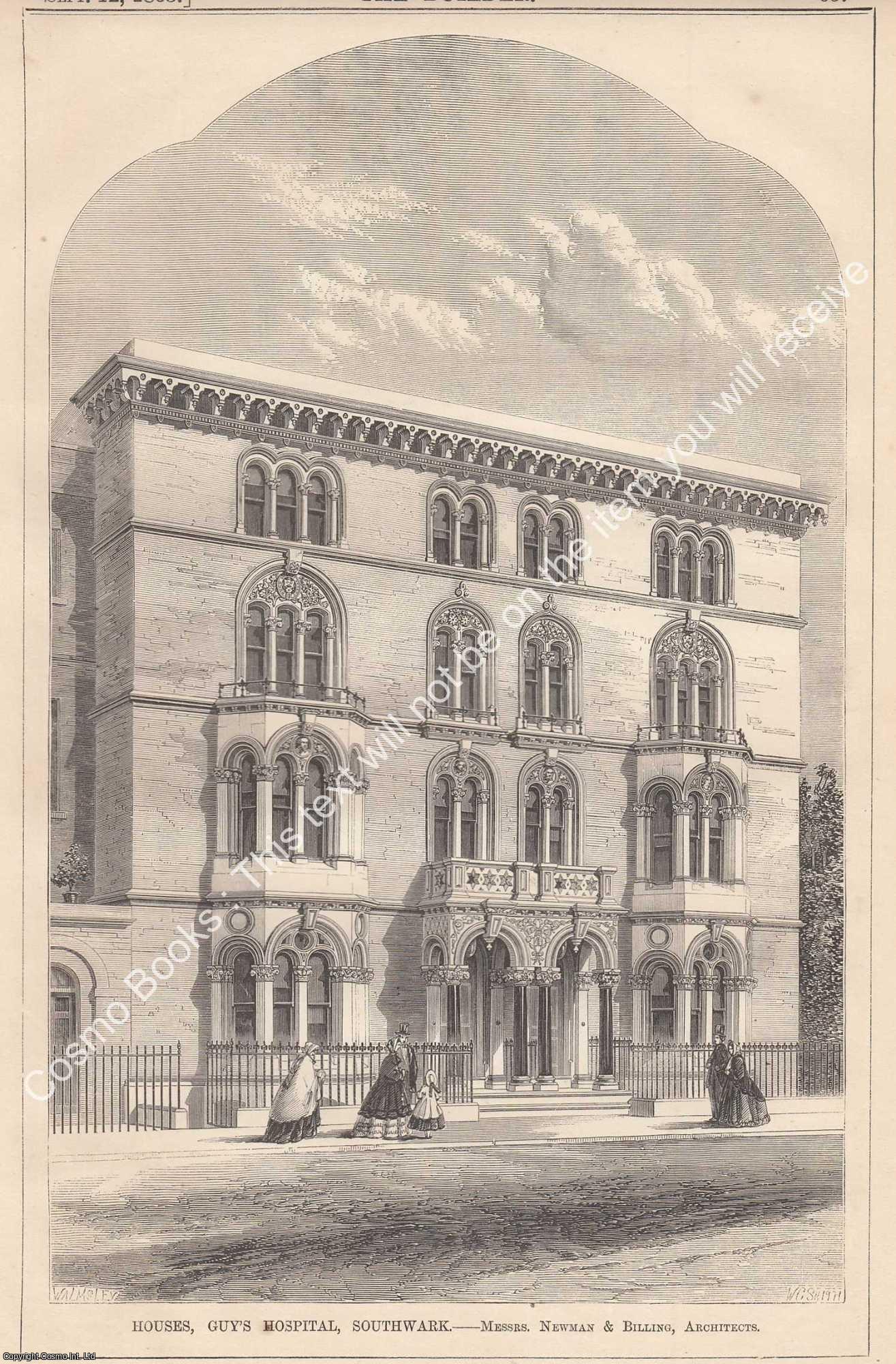 GUYS HOSPITAL, SOUTHWARK - 1863 : Houses, Guy's Hospital, Southwark. Messrs. Newman and Billing, Architects. An original page from The Builder. An Illustrated Weekly Magazine, for the Architect, Engineer, Archaeologist, Constructor, & Art-Lover.