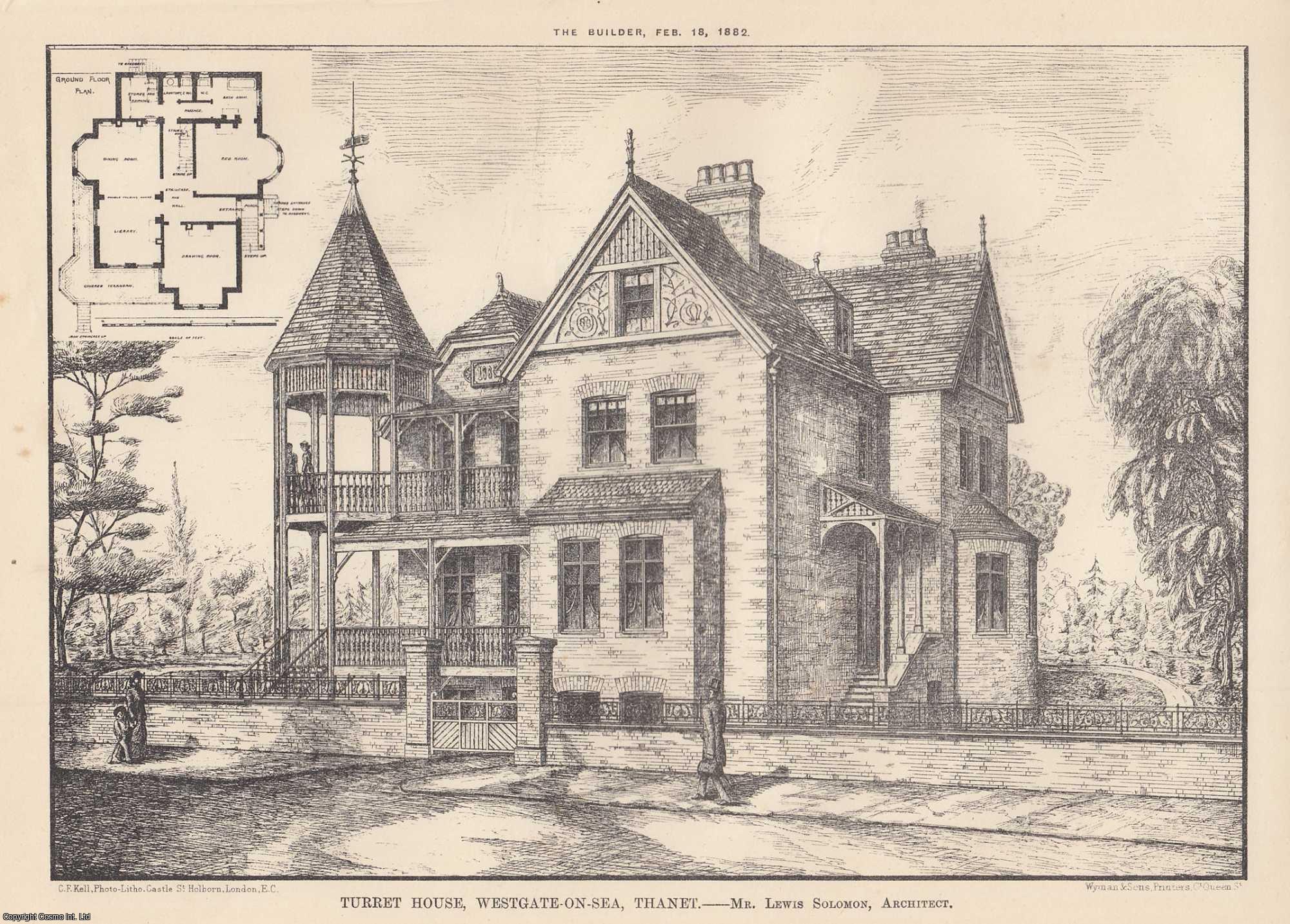 HOUSE, WESTGATE-ON-SEA, THANET - 1882 : Turret House, Westgate-on-Sea, Thanet. Lewis Solomon, Architect. An original page from The Builder. An Illustrated Weekly Magazine, for the Architect, Engineer, Archaeologist, Constructor, & Art-Lover.