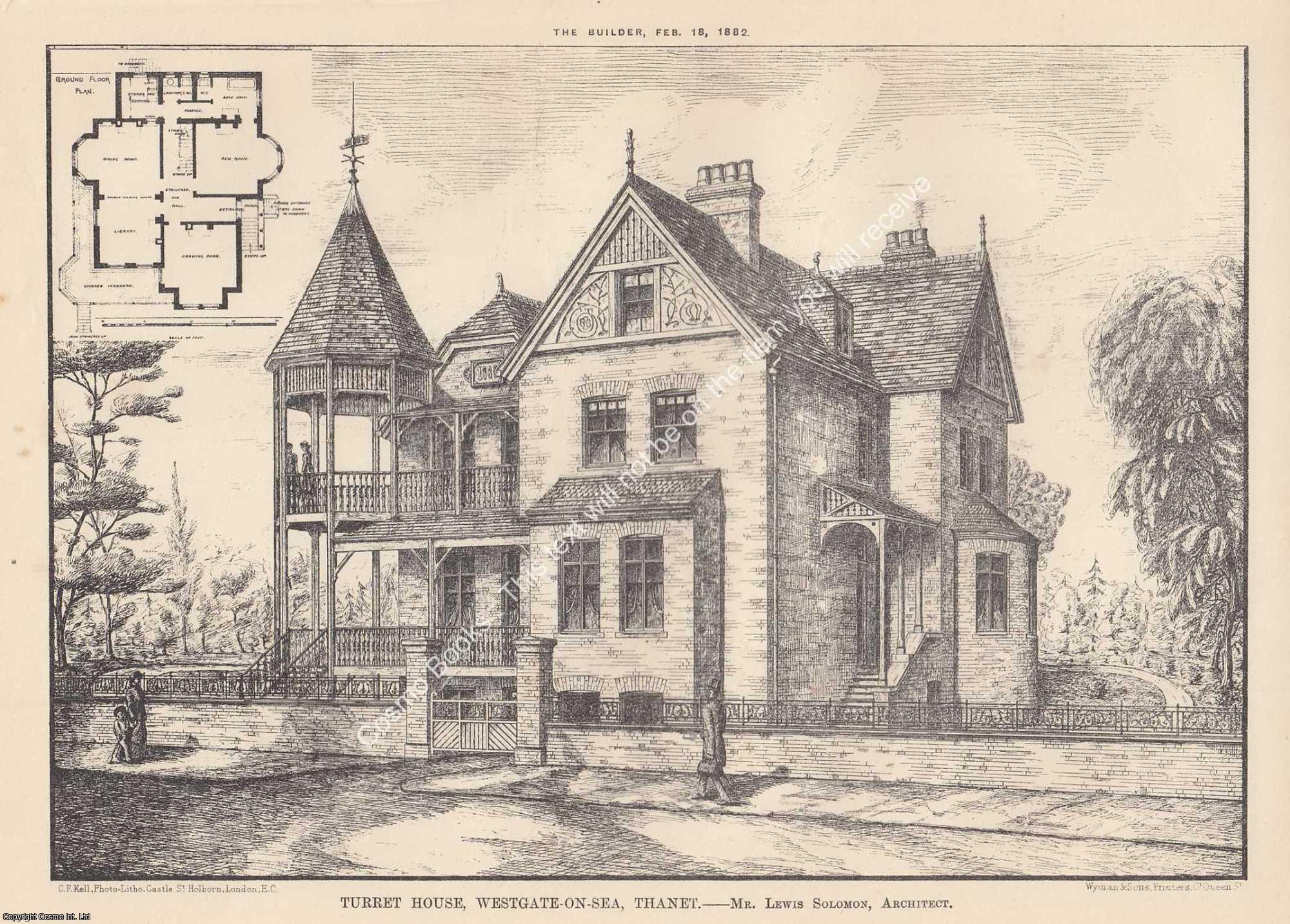 HOUSE, WESTGATE-ON-SEA, THANET - 1882 : Turret House, Westgate-on-Sea, Thanet. Lewis Solomon, Architect. An original page from The Builder. An Illustrated Weekly Magazine, for the Architect, Engineer, Archaeologist, Constructor, & Art-Lover.