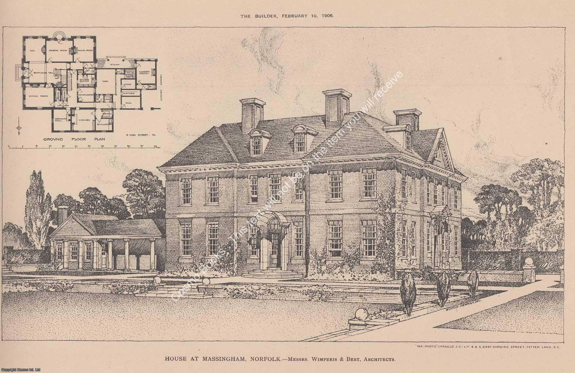 HOUSE AT MASSINGHAM, NORFOLK - 1906 : House at Massingham, Norfolk. Messrs. Wimperis and Best, Architects. An original page from The Builder. An Illustrated Weekly Magazine, for the Architect, Engineer, Archaeologist, Constructor, & Art-Lover.