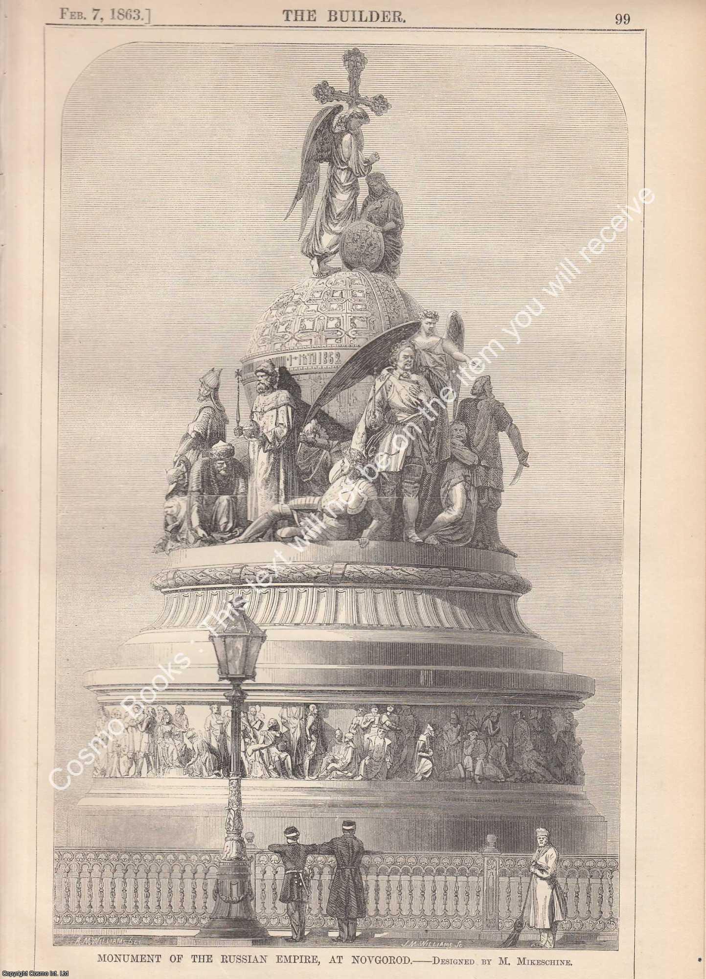 MONUMENT OF RUSSIAN EMPIRE - 1863 : Monument of The Russian Empire, at Novgorod. M. Mikeschine, Designer. An original page from The Builder. An Illustrated Weekly Magazine, for the Architect, Engineer, Archaeologist, Constructor, & Art-Lover.